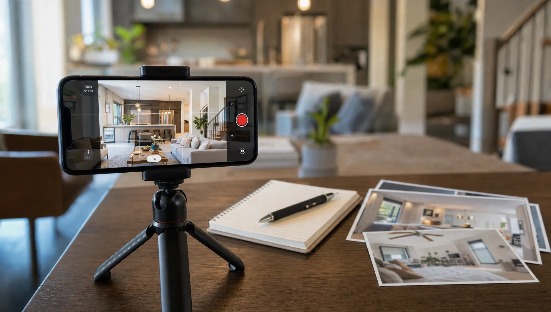 Landscape close-up of a smartphone mounted on a small tripod at the edge of a dining table, with the screen facing the camera while a property clip is being framed in the app; behind it sit a notebook, a pen, and a few printed room photos, all placed in a lived-in home interior.