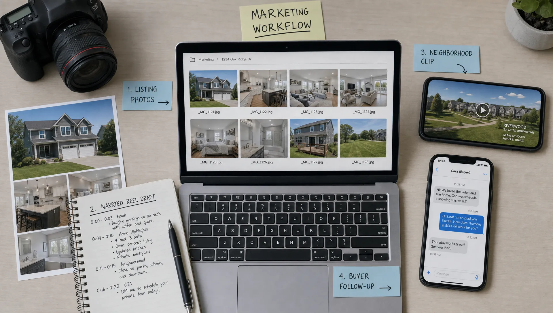 A set of listing photos, a narrated reel draft, a neighborhood clip, and a buyer follow-up message laid out as a real marketing workflow.