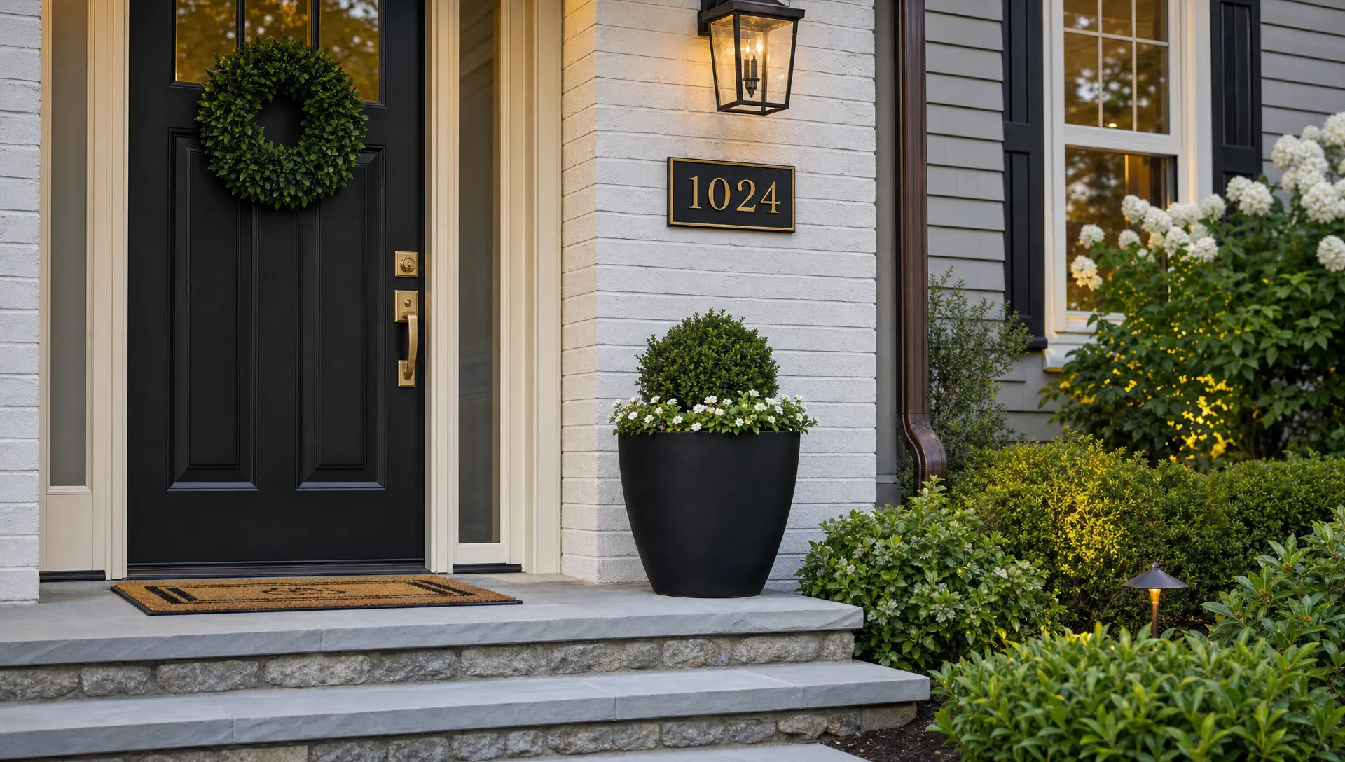 Landscape close-up of the front entry details of a listed house, focused on the door hardware, house number plaque, porch light, and tidy steps leading up from the path. The shot is grounded at the threshold and shows the kind of feature that can make a viewer stop for a property ad.
