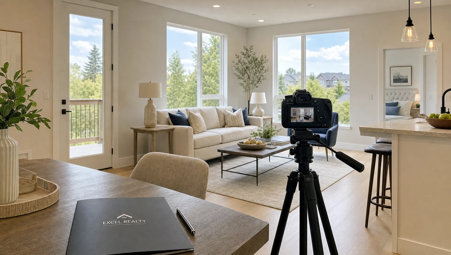 Un intérieur de maison moderne et lumineux avec une caméra sur trépied, un dossier d'agent aux couleurs de sa marque sur la table, de grandes fenêtres et du mobilier soigneusement mis en scène pour une vidéo d'annonce.