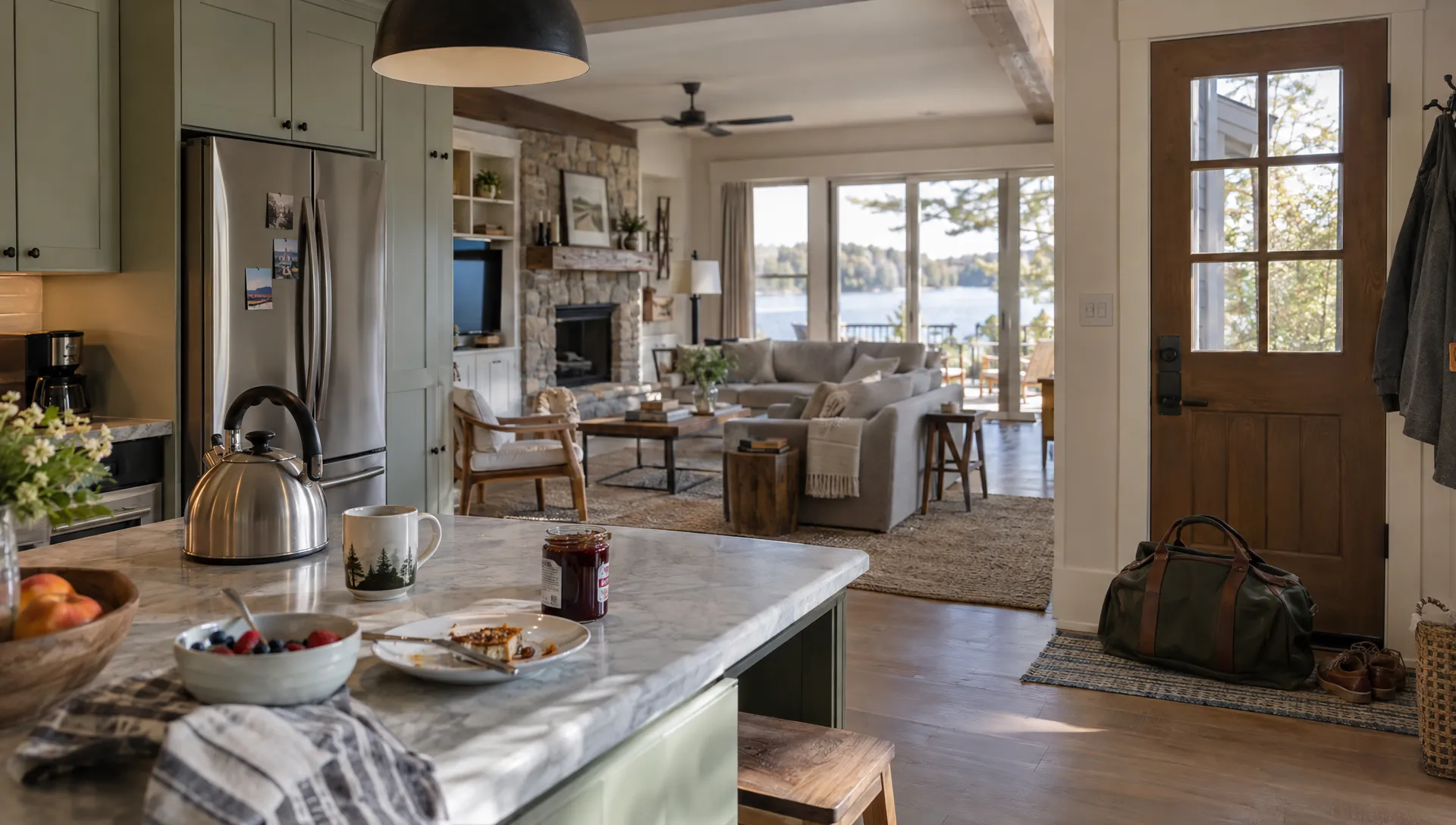 An overnight bag and breakfast dishes in a second home's kitchen show the ordinary rhythm of a weekend stay.