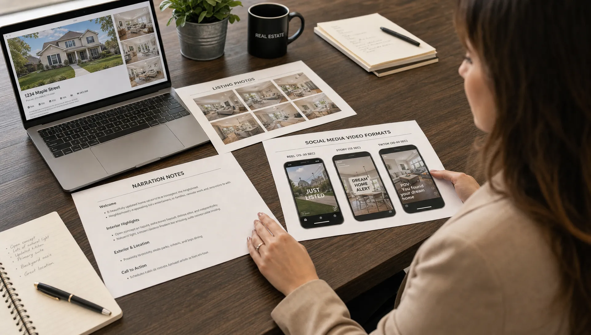 A real estate agent reviews listing photos, narration notes, and social media video formats laid out on a desk.