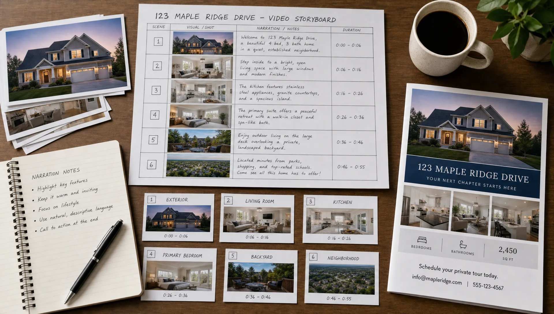Un storyboard de vidéo immobilière sur un bureau présente des photos de maison, des notes de narration, des cartes de séquence des pièces et une brochure immobilière.