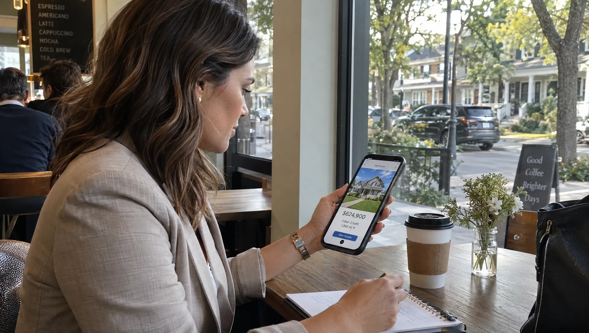 Landscape medium-wide scene in a quiet neighborhood café by the window, where an adult real estate agent reviews a property reel on a phone held screen-forward at the table. The phone shows a home's exterior and an updated asking price; a takeaway cup and the neighborhood street outside place the review in an everyday pause between appointments.