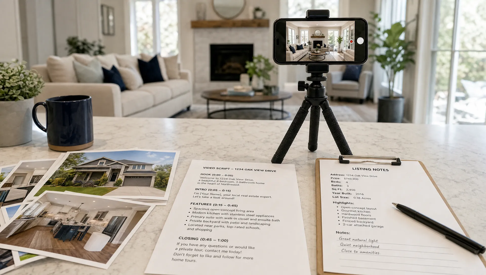 Un espace de travail dédié au marketing immobilier avec des photos de biens, un court script vidéo, un smartphone sur trépied face à un salon lumineux et des notes d'annonce imprimées disposées sur une table.