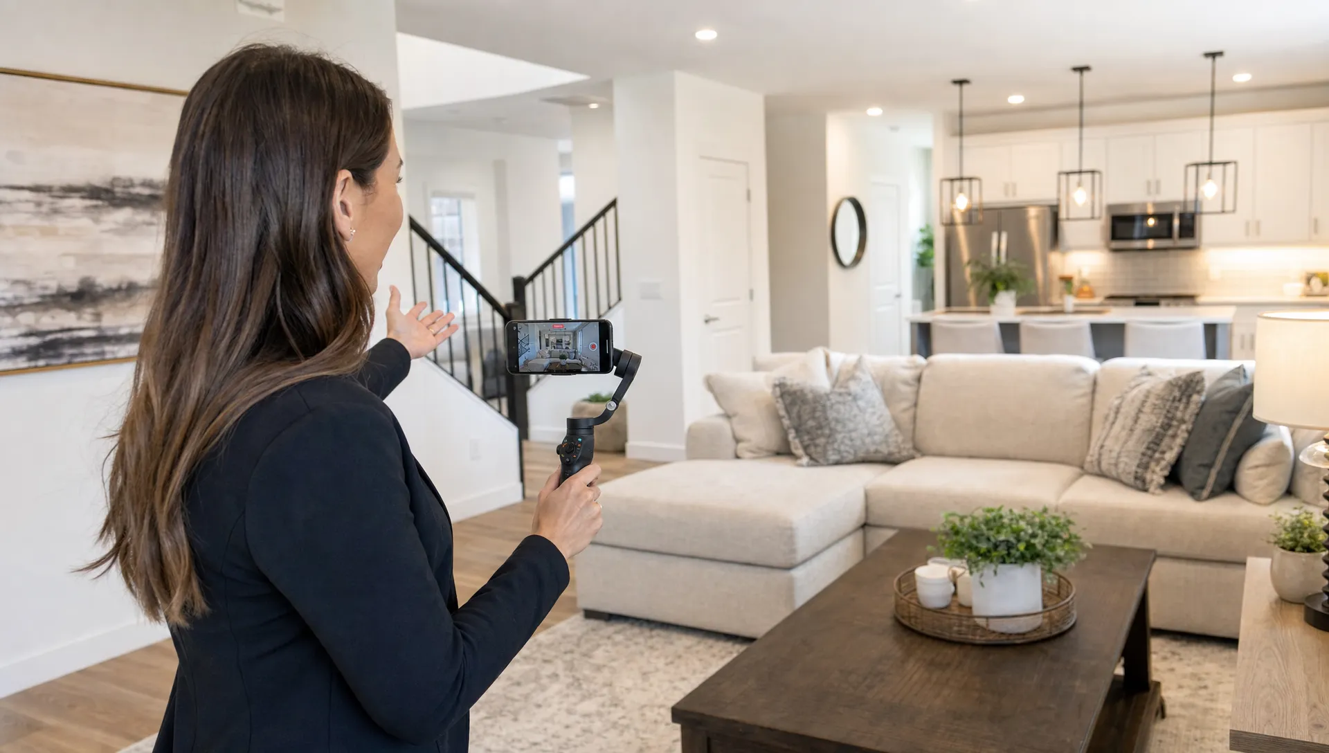 A real estate agent films a staged living room with a smartphone on a gimbal, while tidy furniture and an open kitchen sit in the background.