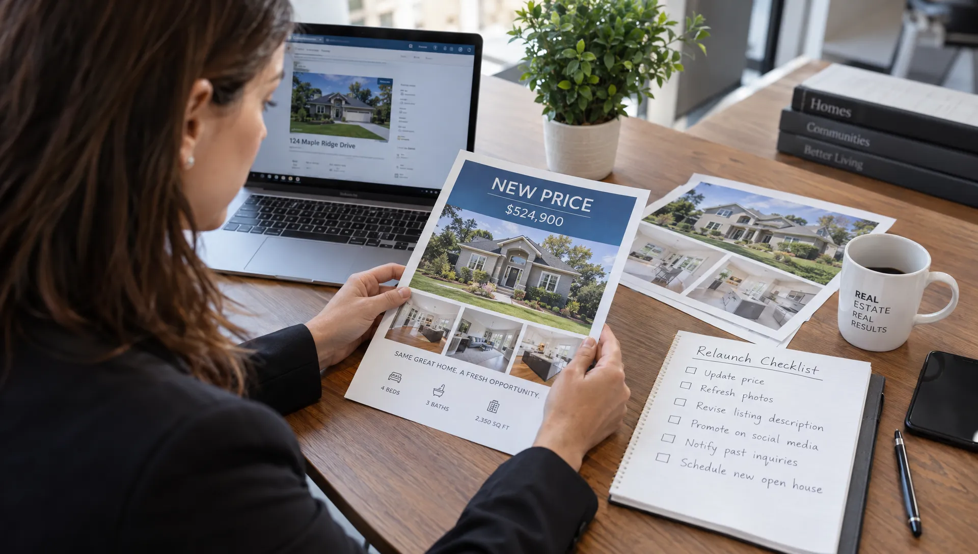A real estate agent checks a revised-price brochure beside property photos and a handwritten relaunch checklist at a worktable.