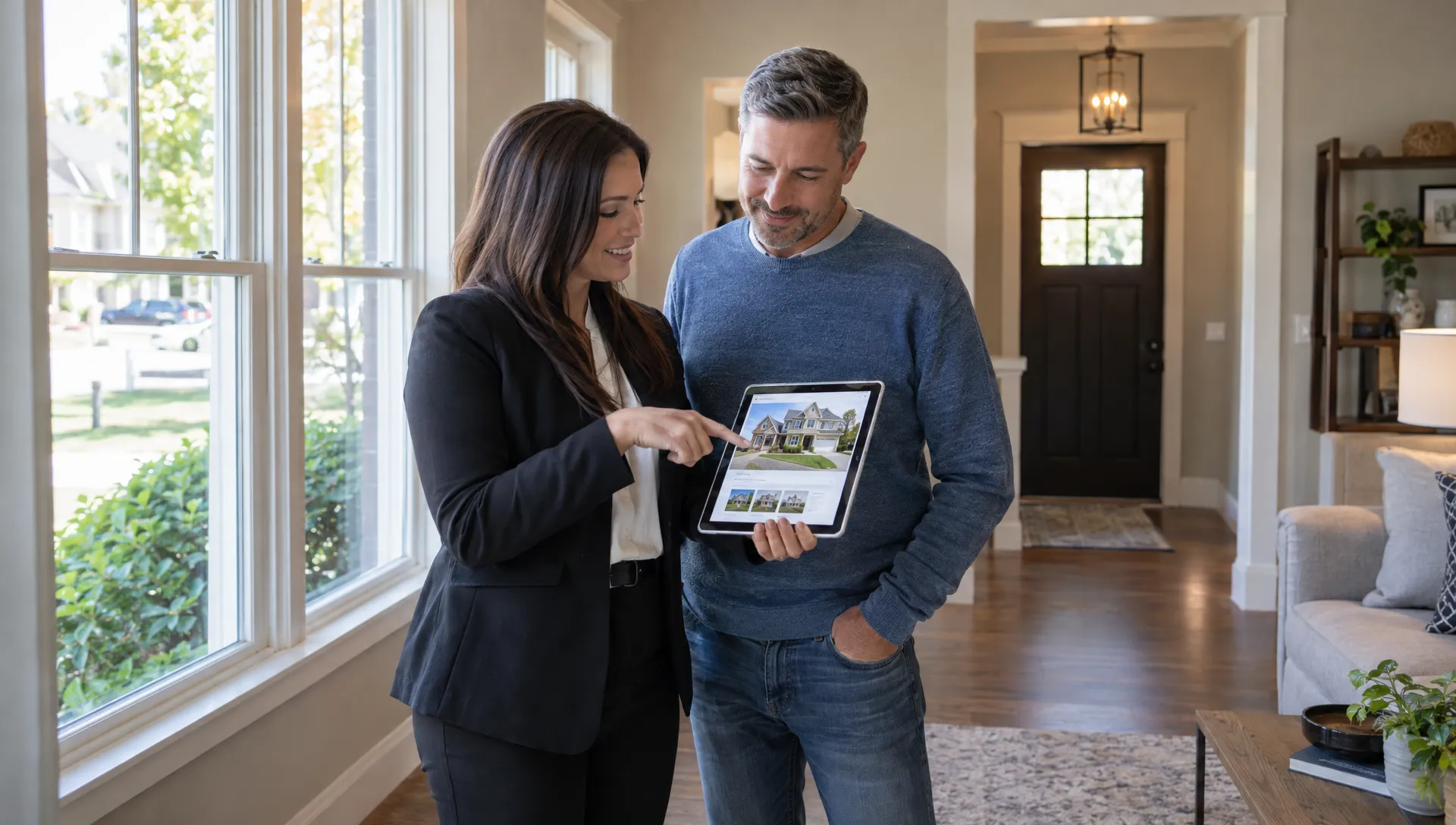 An agent and seller stand beside a property’s front window, reviewing the online listing on a tablet while the home’s entry and living room are visible around them.