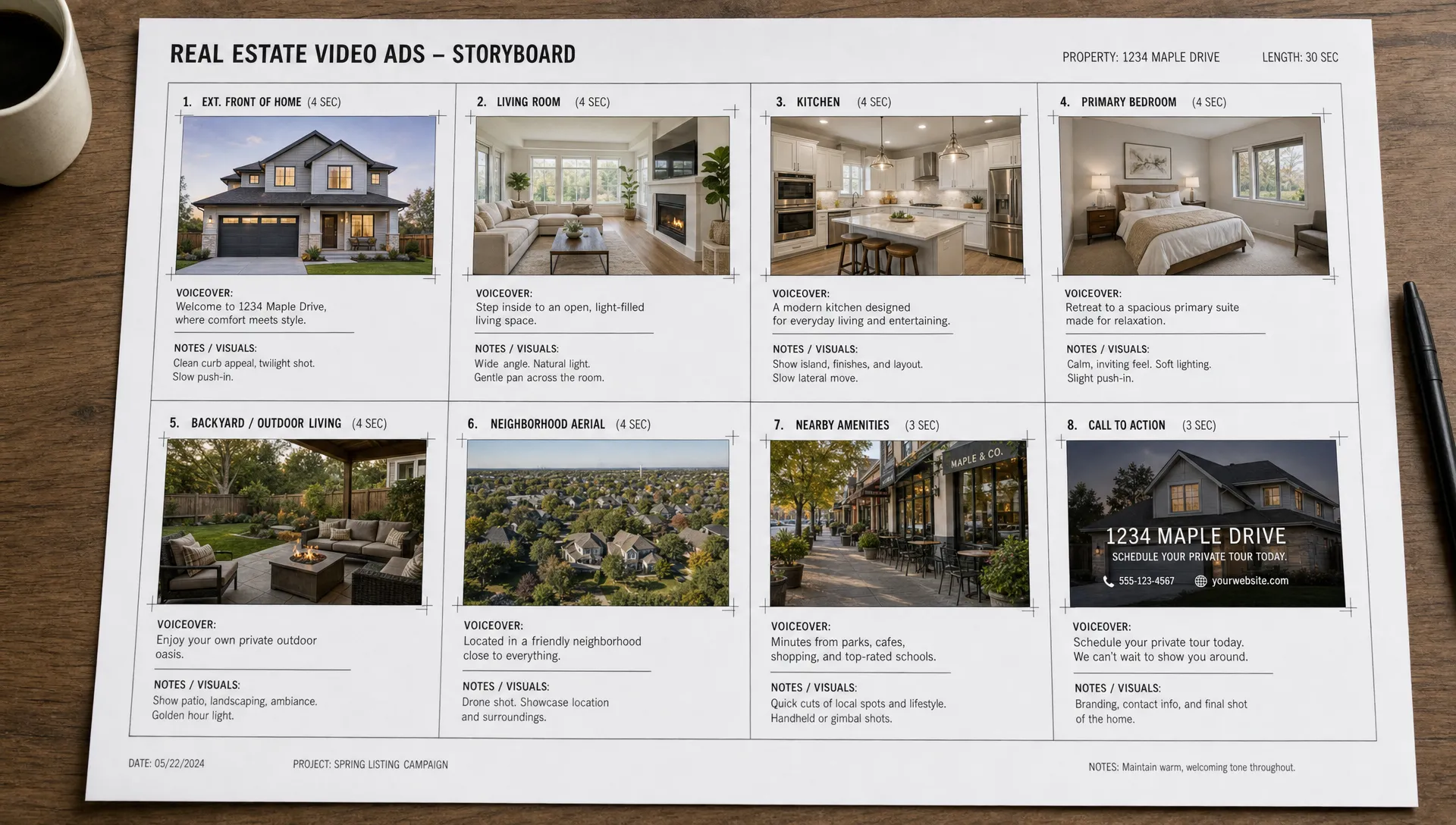 A tabletop storyboard of eight real estate video ad samples with listing photos, neighborhood notes, voiceover snippets and crop marks.