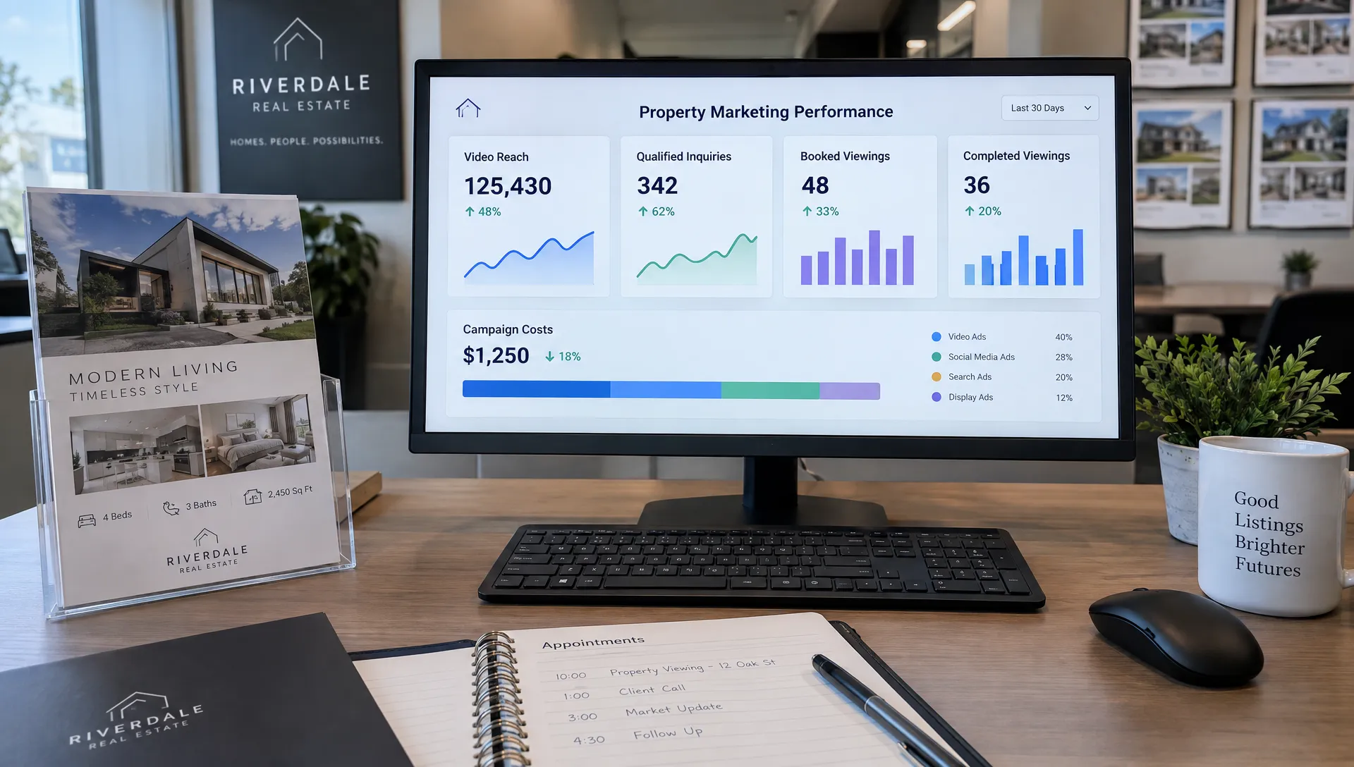 A desktop monitor in a real estate office displays video reach, qualified inquiries, booked and completed viewings, and campaign costs beside a property brochure and appointment notebook.
