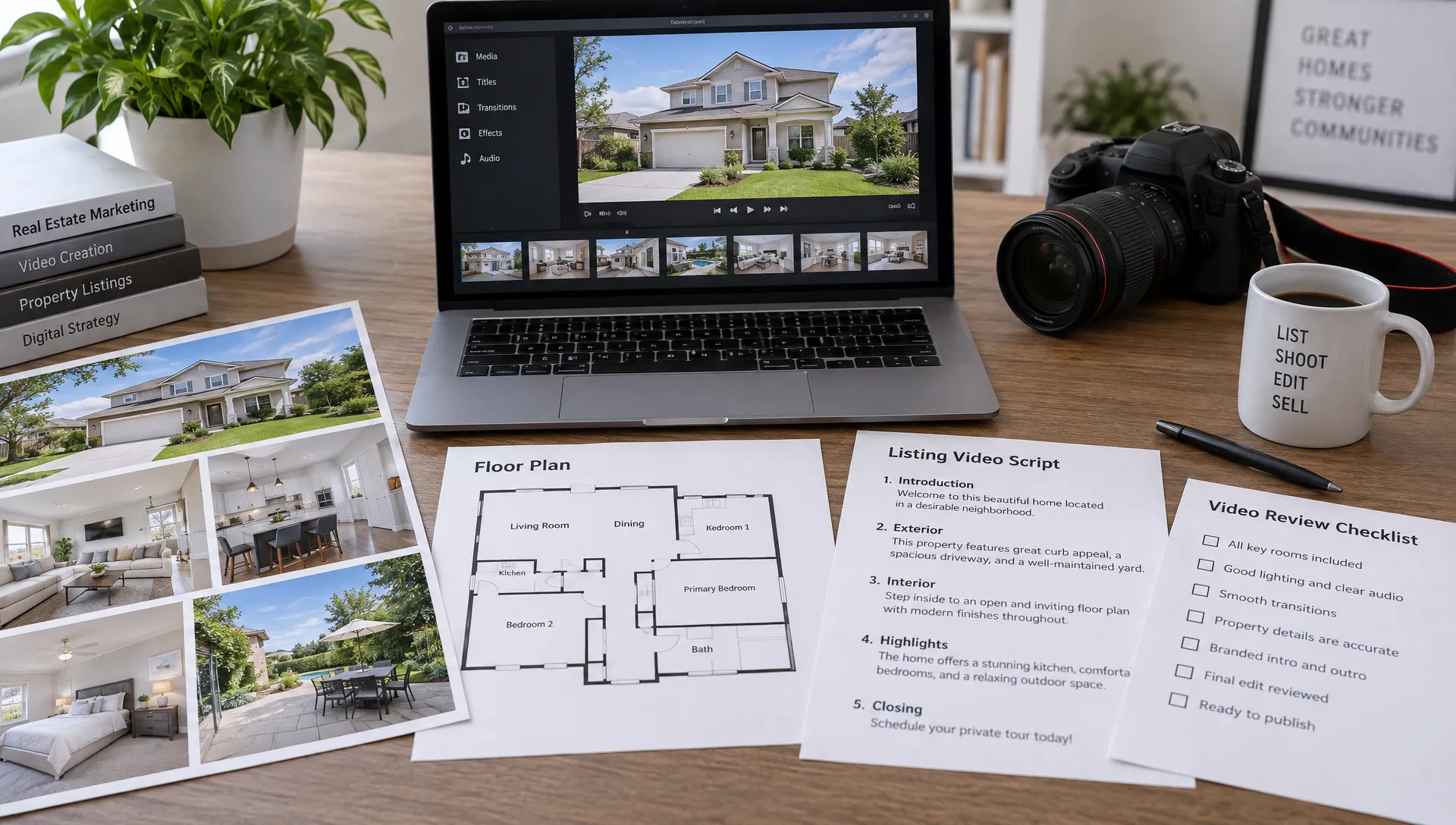 Approved property photographs, a floor plan, a narration script and a review checklist are arranged together for preparing a listing video.