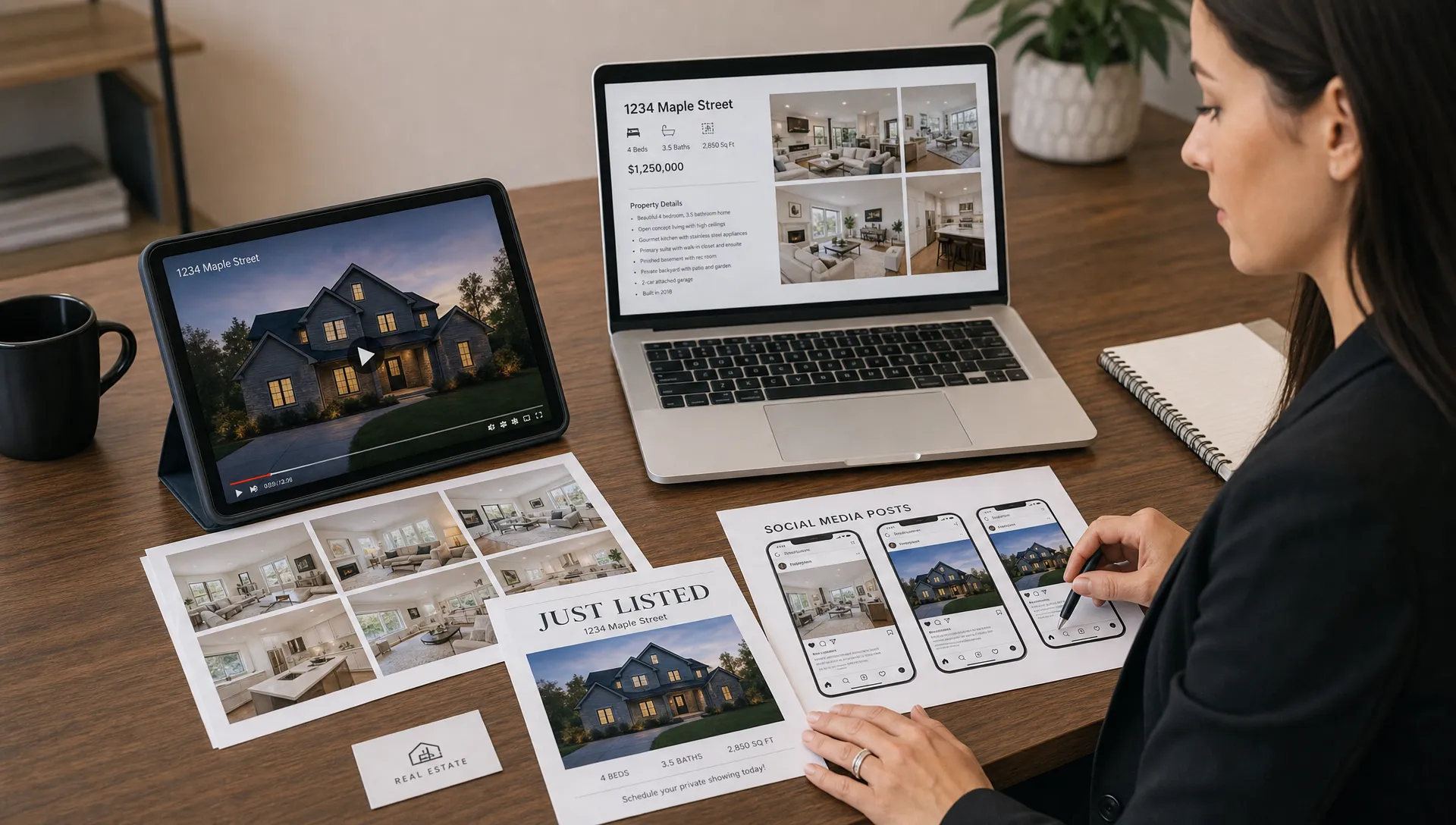 An agent reviews organized listing photos, property details and social media mockups beside a tablet showing a property video preview.
