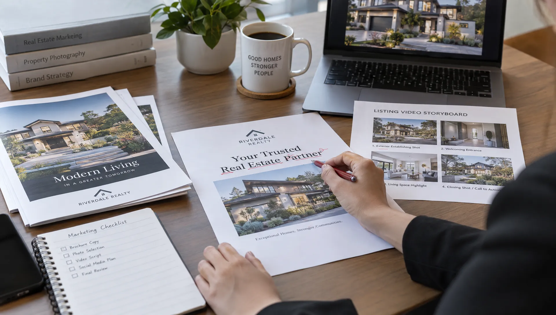 An agent’s hands revise a printed marketing draft beside property brochures and a listing video storyboard, clarifying the professional title used in advertising.