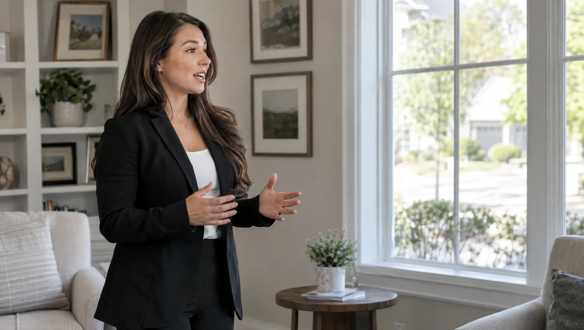 A real estate agent rehearses a short introduction in a sitting room before recording a video for prospective clients.
