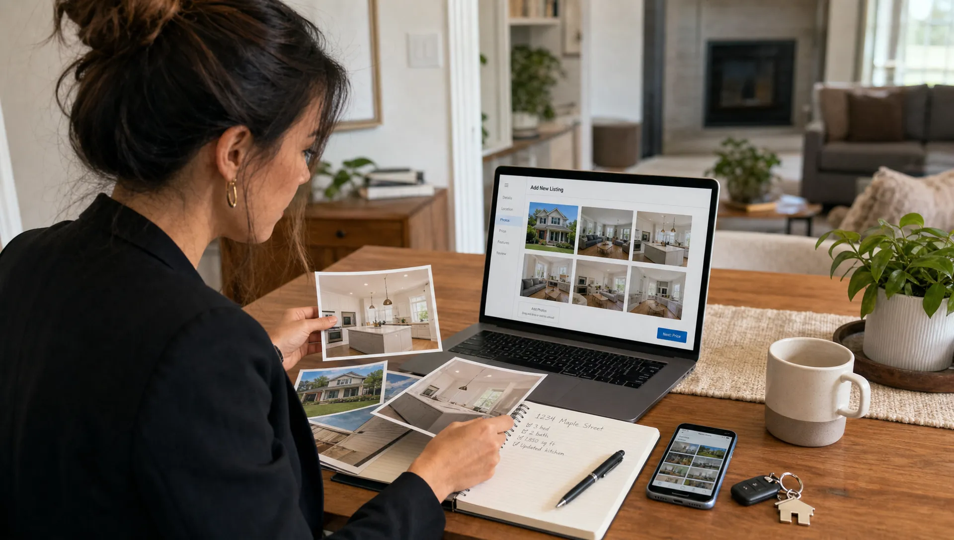 Landscape wide view of an agent at a dining table in a lived-in home, sorting property photos into a laptop, phone and notebook while a set of keys and a key ring sit nearby, capturing the everyday admin of preparing a new listing to go live.
