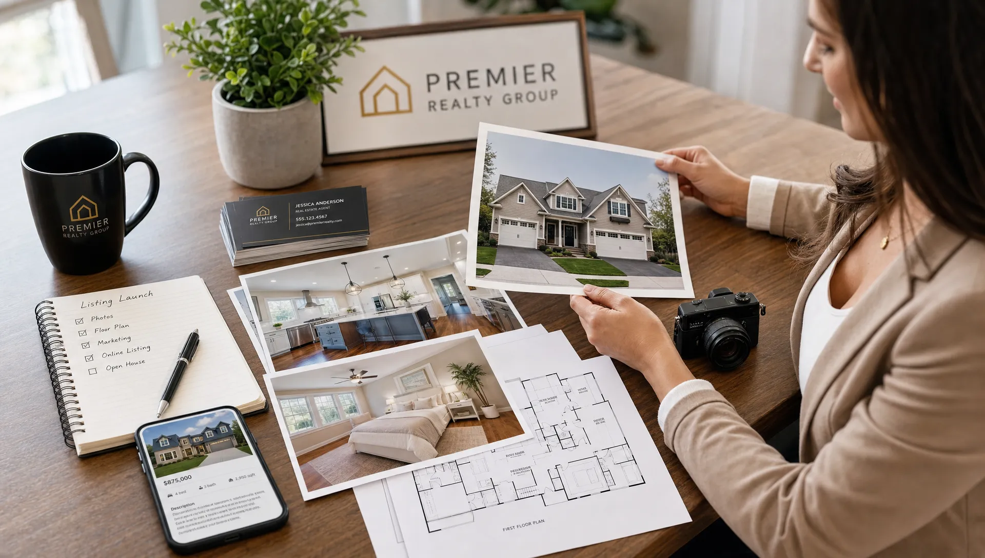 A real estate agent prepares a listing launch with printed property photos, a floor plan, a smartphone, marketing cards and a small camera on the desk.