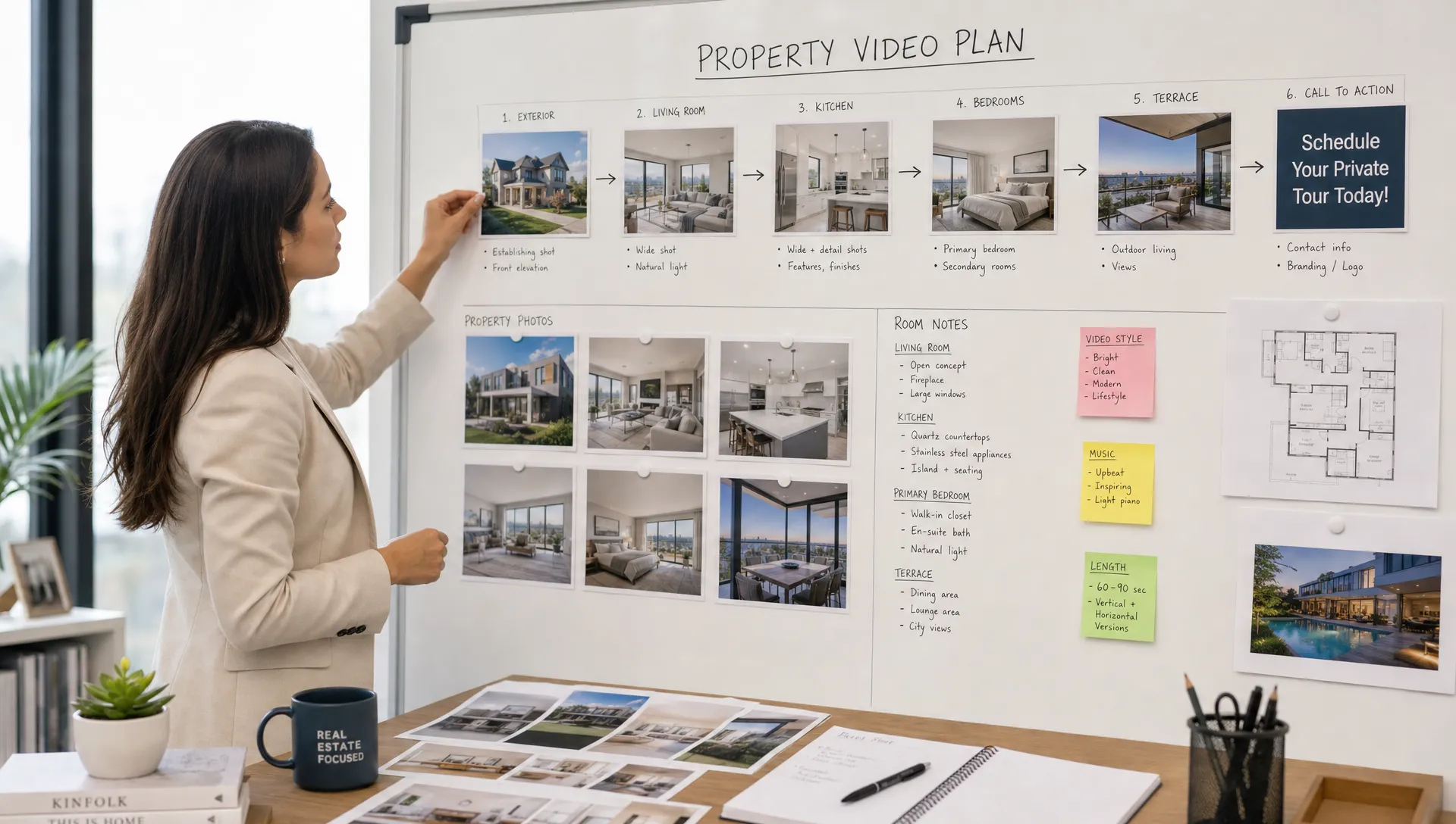 A real estate agent planning a property video sequence with printed listing photos, room notes, and a simple storyboard showing exterior, living room, kitchen, bedrooms, terrace, and call to action, laid out on a wall board in a bright office planning area.