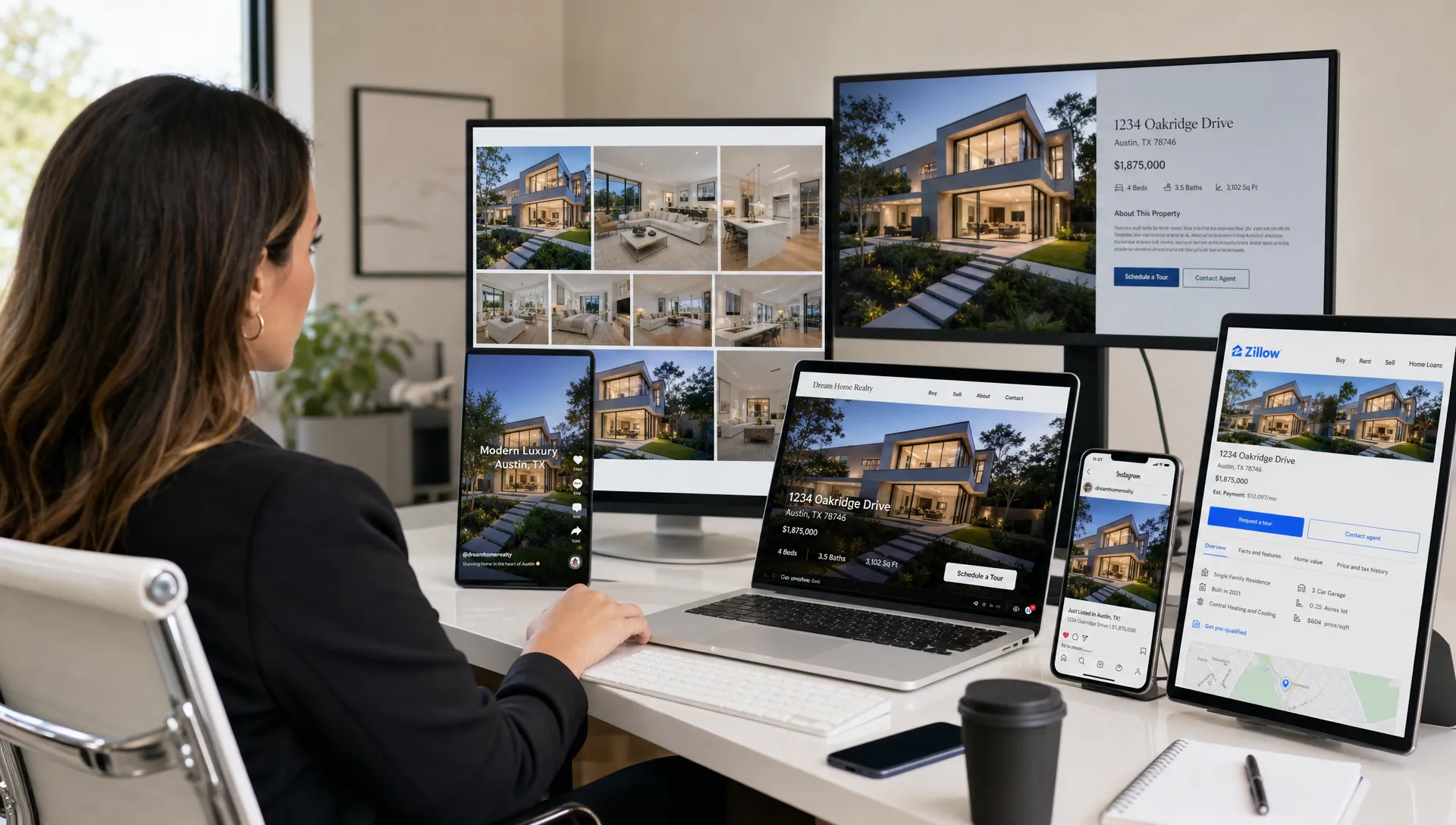 Un agent immobilier examine des photos d’annonce, un court reel vidéo, des pages de portails, une page d’annonce sur un site et des publications sociales autour d’une maison mise en avant.