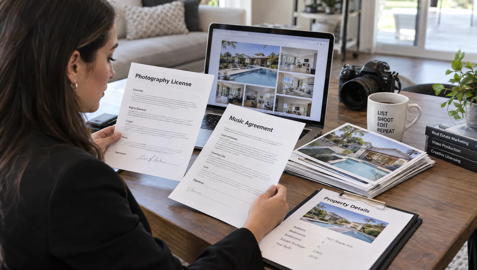 Un agent vérifie les autorisations d’une vidéo immobilière en comparant des photos d’annonce, une licence photographique et un contrat musical sur une table de travail.