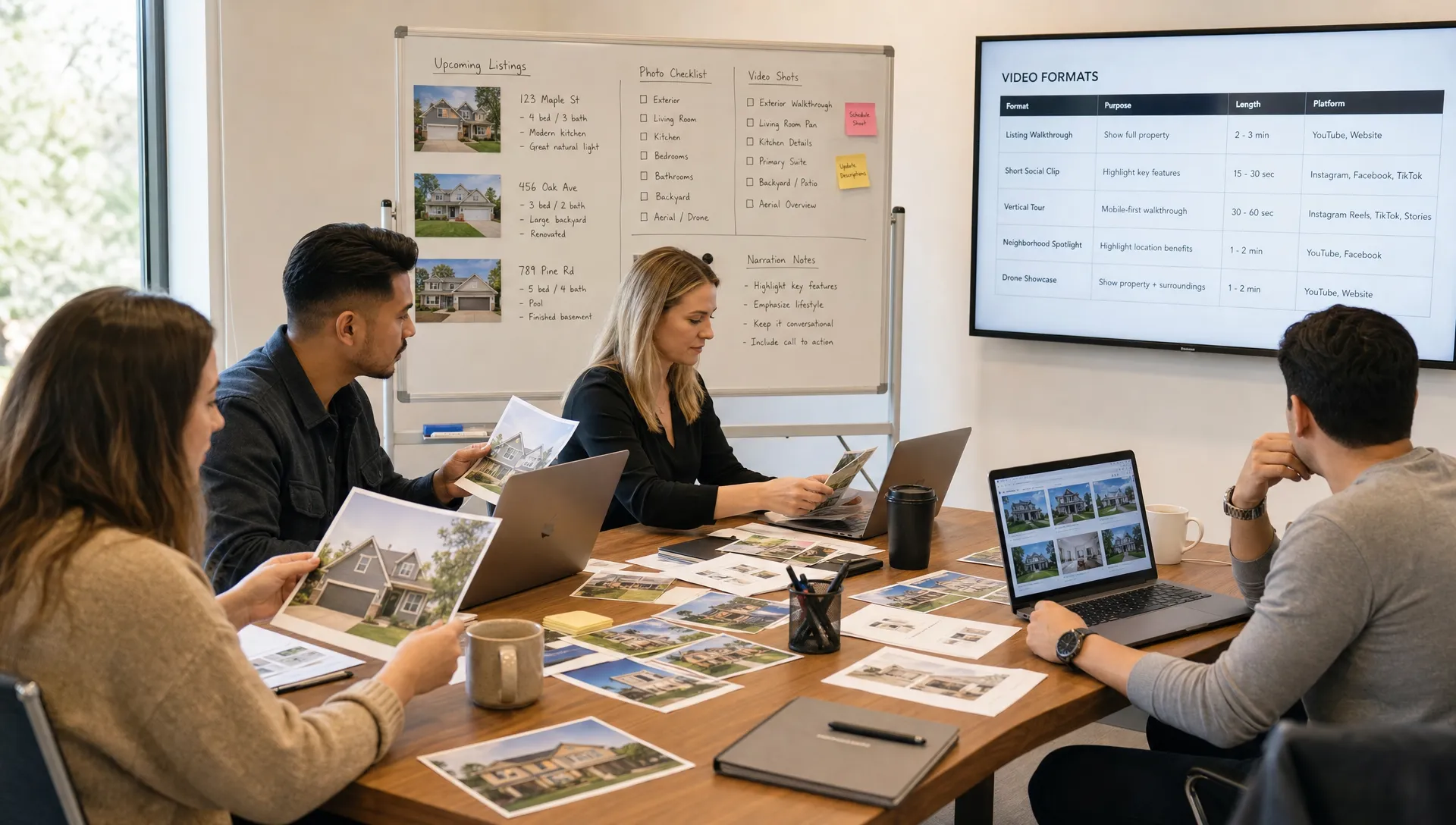 A marketing team sorts property photos, listing details, narration notes, and video formats for several homes.