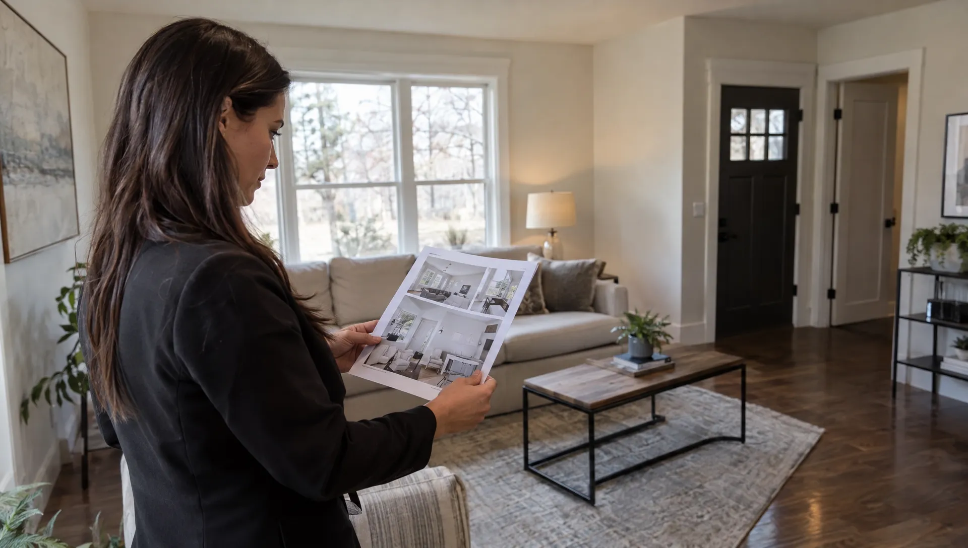 A real estate agent checks a living room's windows, flooring, and doorway against printed property photos before approving the listing video.