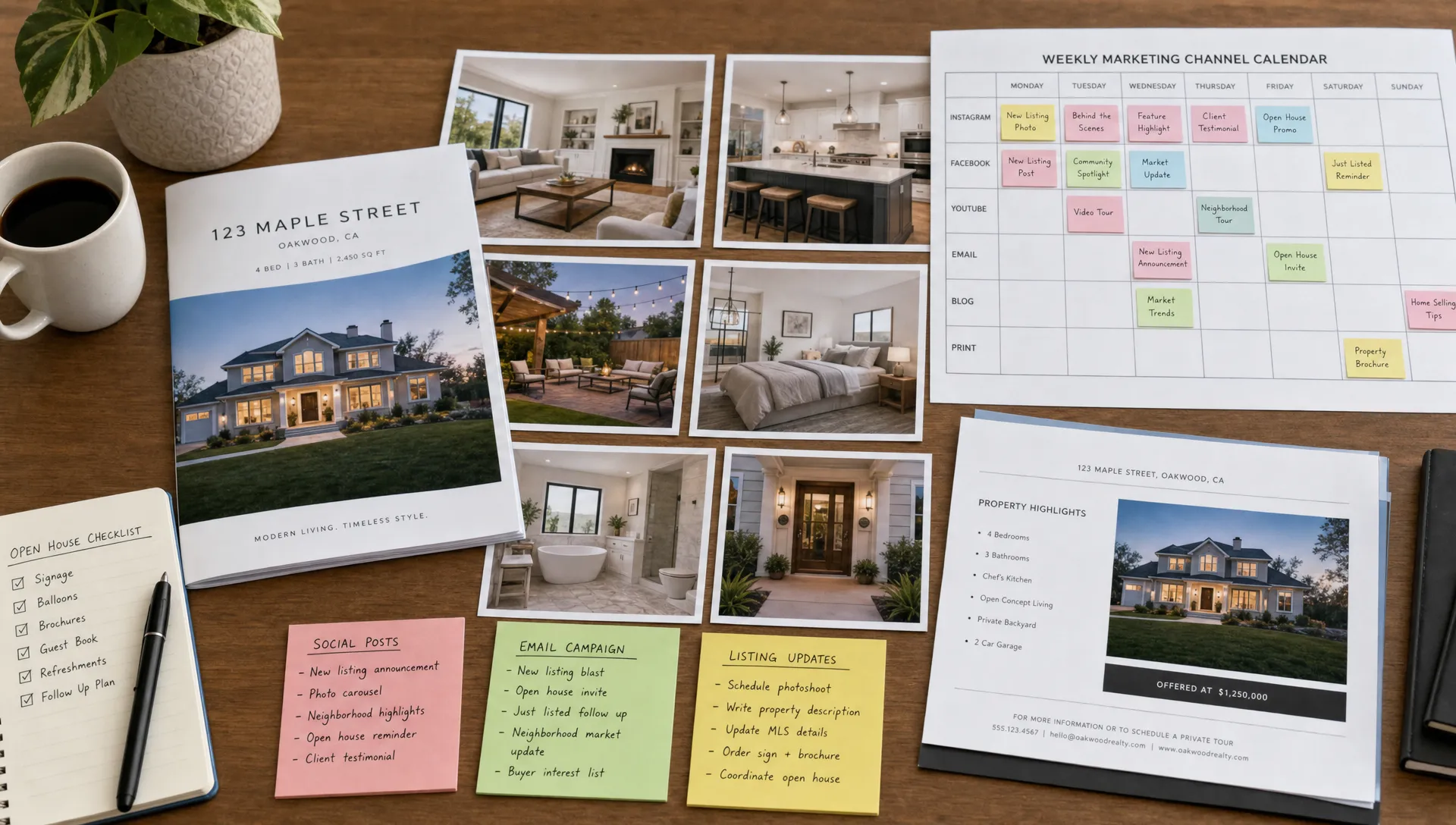 Un bureau de marketing immobilier avec des photos de biens imprimées, des cartes de storyboard, un calendrier hebdomadaire des canaux, des notes colorées pour les publications sociales, les campagnes e-mail et les mises à jour d’annonces autour d’une brochure immobilière.