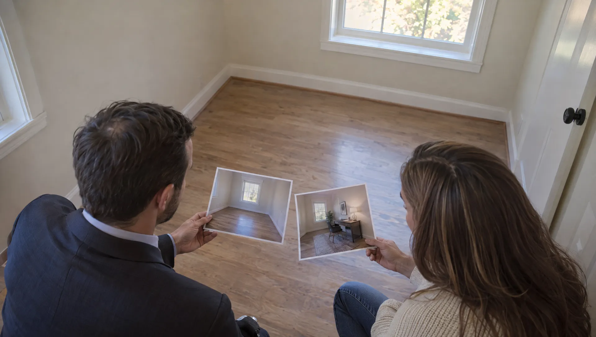 An agent and homeowner compare original and virtually staged photos of a spare room furnished as a possible workspace.