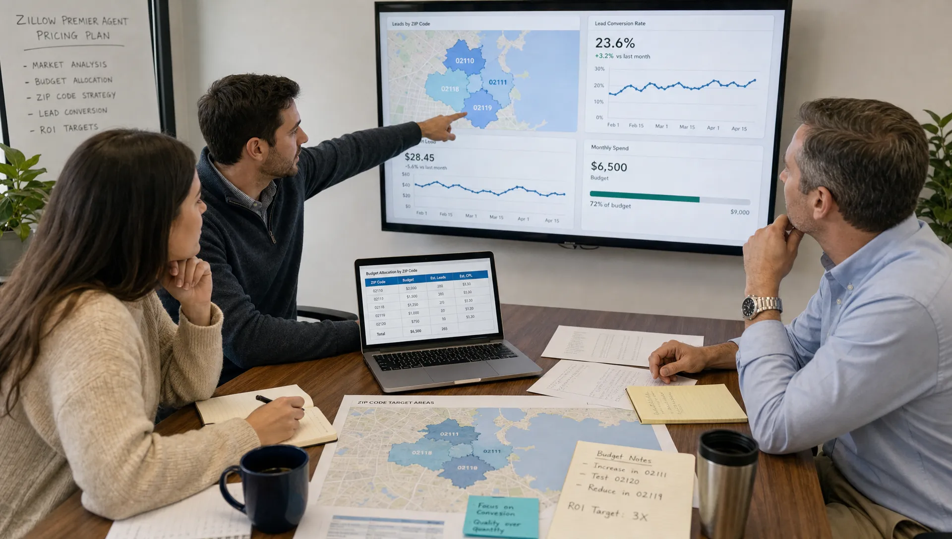 Une équipe examine des cartes de codes postaux, des notes budgétaires et des indicateurs de conversion de prospects lors de la planification de la tarification Zillow Premier Agent.