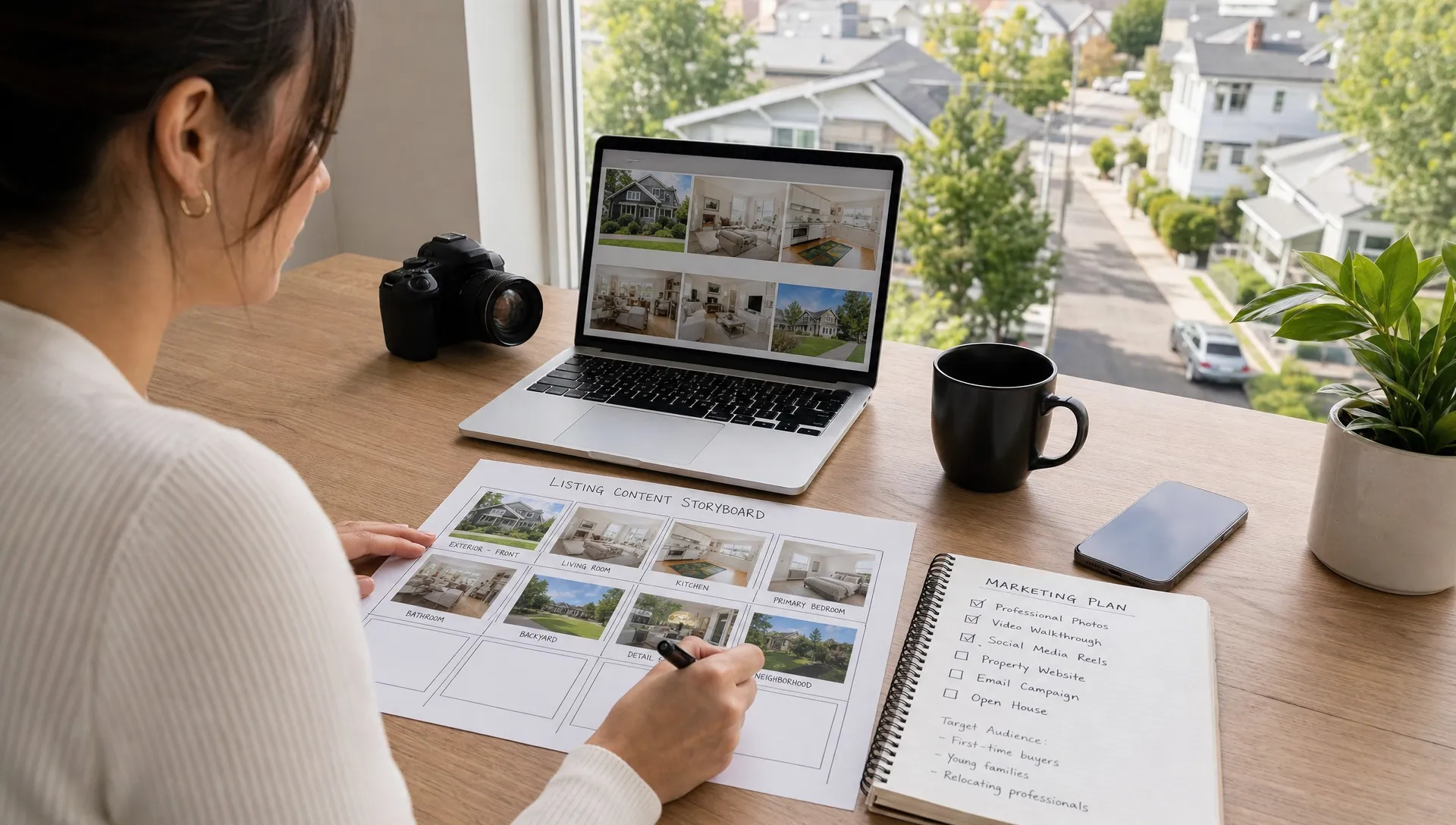 A real estate agent planning listing content with property photos, a storyboard sheet, a smartphone and marketing notes beside a window overlooking residential streets.