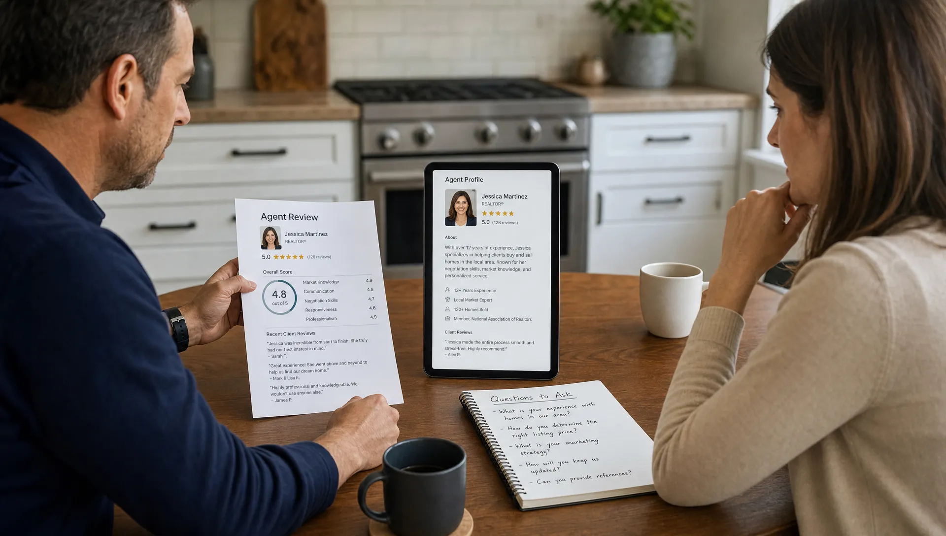 Landscape medium scene at a kitchen table where a home seller and a buyer compare an agent’s review printouts, a tablet showing an agent profile facing the camera, and a shortlist of questions, while a notepad and coffee cups sit between them; the conversation feels like an active hiring decision.