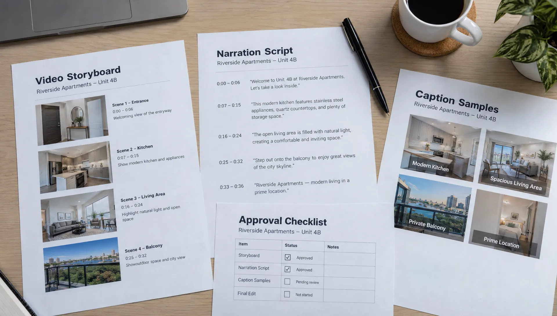 Vue de dessus d'un storyboard imprimé d'appartement, d'un script de narration, d'exemples de sous-titres et d'une liste de contrôle de validation, disposés avec des photos de l'entrée, de la cuisine et du balcon pour l'examen d'une vidéo immobilière.