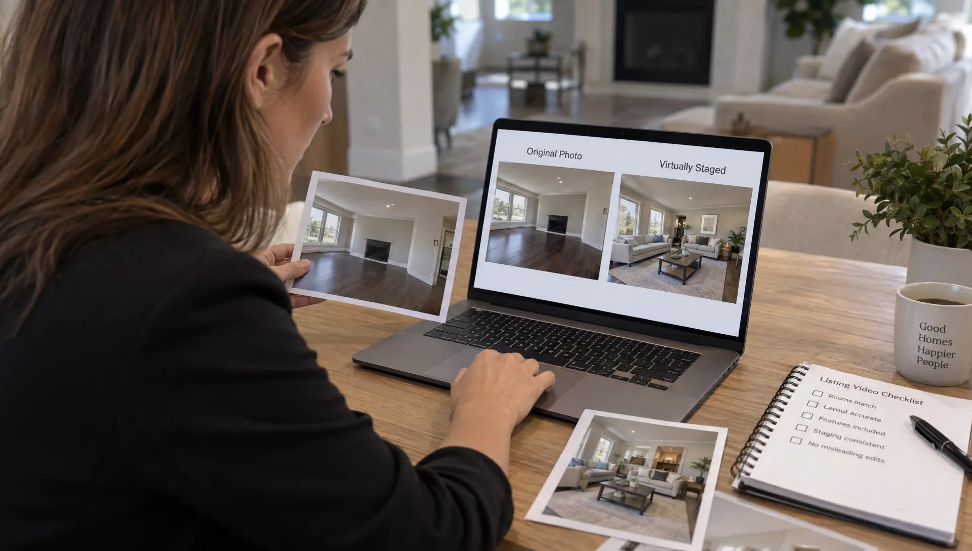 An agent checks a labeled virtually staged living-room image against the original property photographs and room details to verify the listing video is accurate.