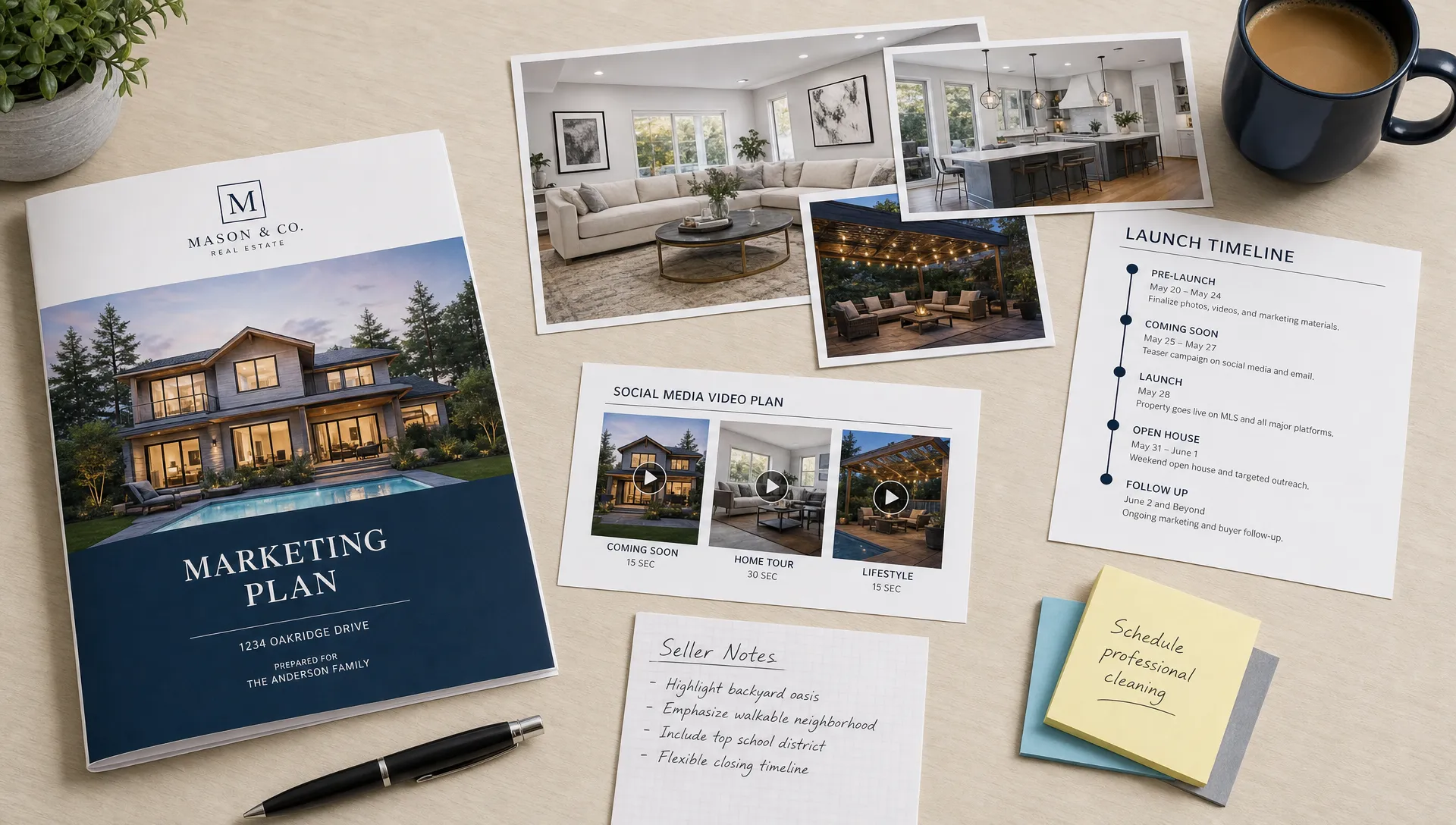 Un dossier marketing imprimé d’agent immobilier est posé sur un bureau épuré, à côté de photos du bien, d’un calendrier de lancement, de miniatures de vidéos pour les réseaux sociaux et de notes du vendeur.