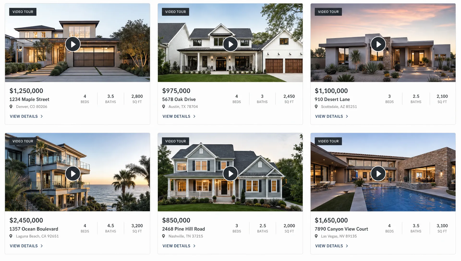 Landscape graphic-style arrangement of repeating property page panels, video thumbnails, play buttons, and short call-to-action blocks forming a tidy grid that suggests a real estate website with multiple listings. Keep the design bold but uncluttered, with the video element clearly integrated into the page structure. No people, no specific room, just a clean editorial layout.