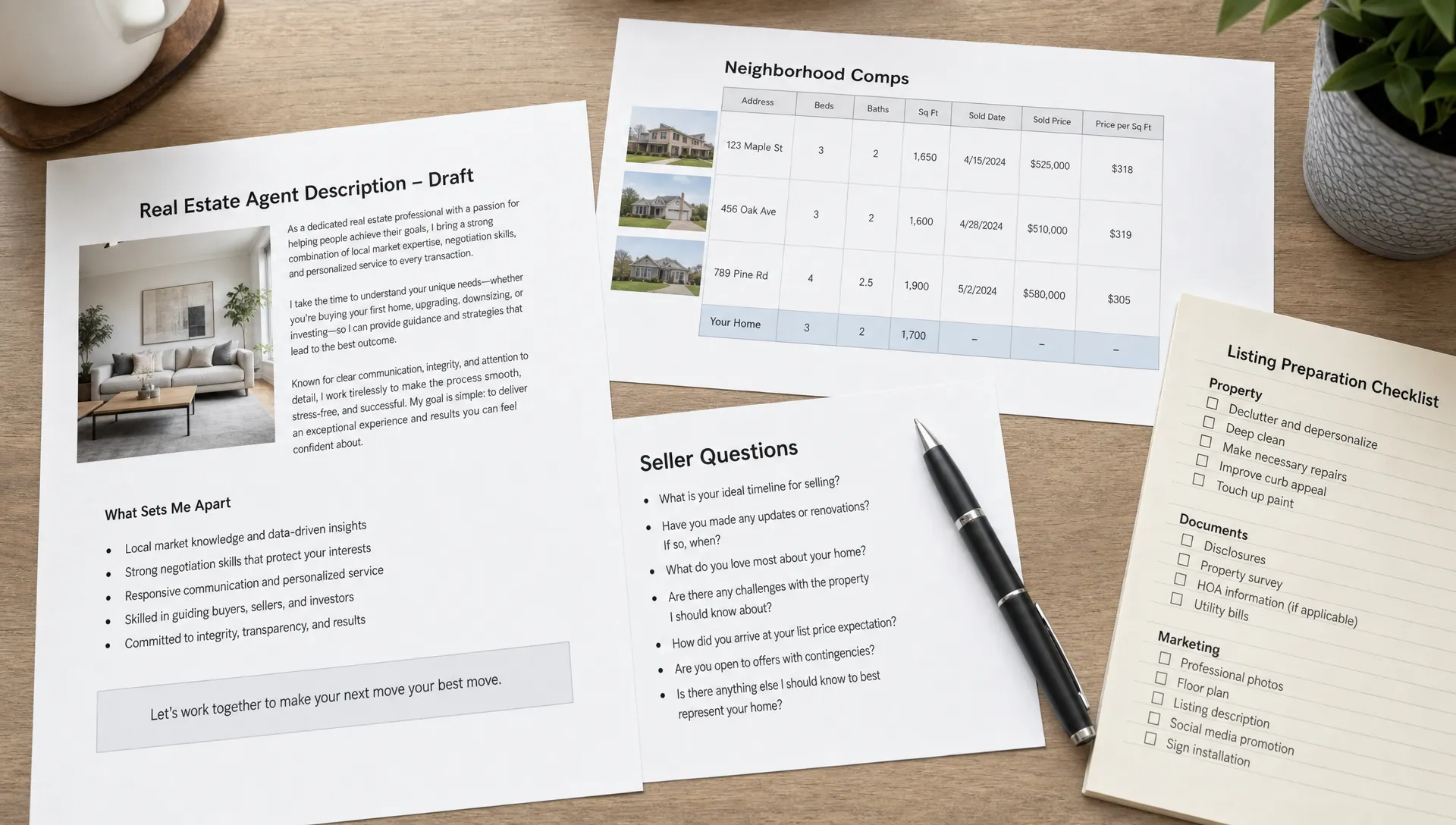 A printed real estate agent description draft sits beside neighborhood comps, seller questions, a pen, and a checklist on a desk.