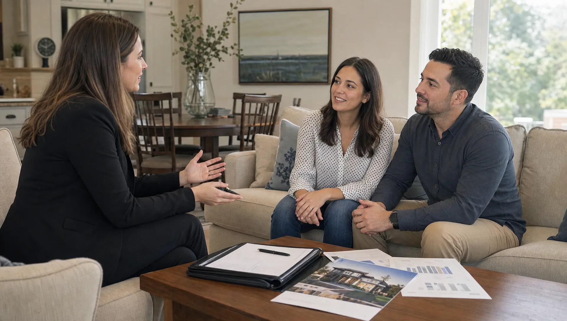 Landscape medium shot inside a seller’s living room during a listing consultation, with a real estate agent speaking calmly to homeowners beside a coffee table holding a property folder, pen, and market printouts; the home interior and the conversation carry the scene.