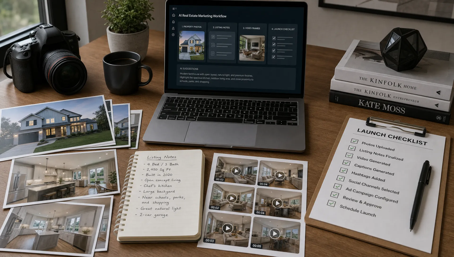 A desk with property photos, listing notes, video frames, and a launch checklist ready for an ai for real estate marketing workflow.