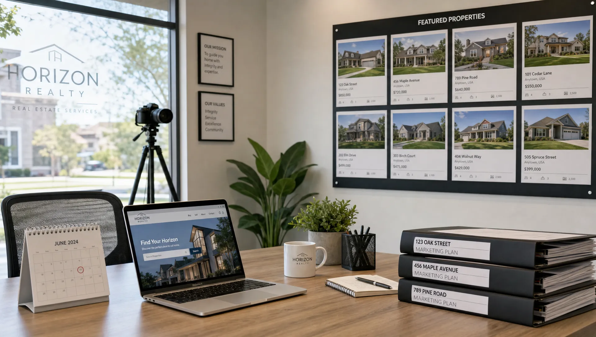 Landscape wide establishing shot inside a real estate agency workspace with a laptop, a desk calendar, a wall-mounted listing board, stacked property folders, and a camera tripod near the window; the room feels ready for a fast listing launch, with the office environment carrying the topic and no single object dominating the frame.
