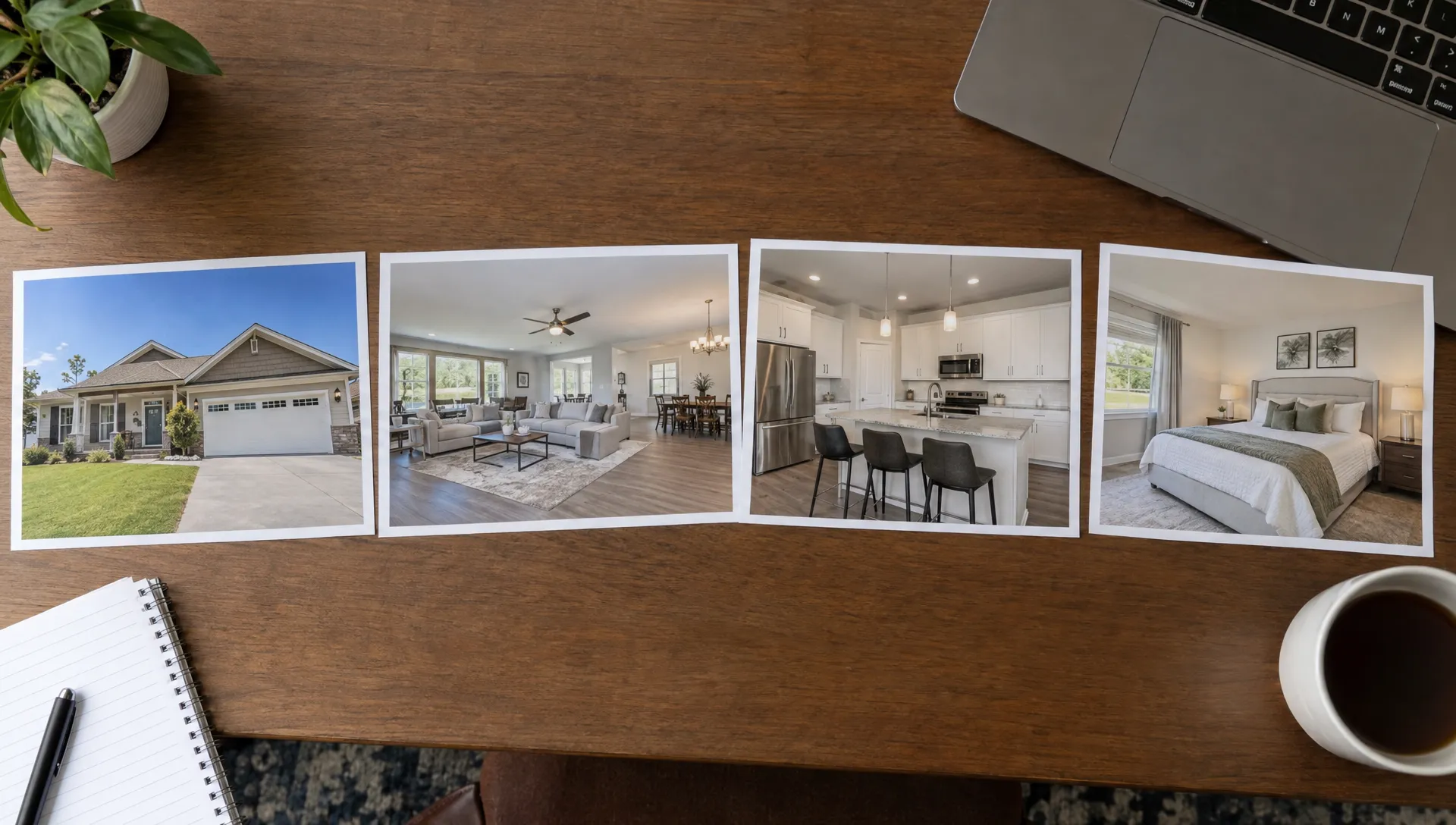 Four printed property photos—a house exterior, connected living and dining area, kitchen, and primary bedroom—are laid out in sequence on a desk.