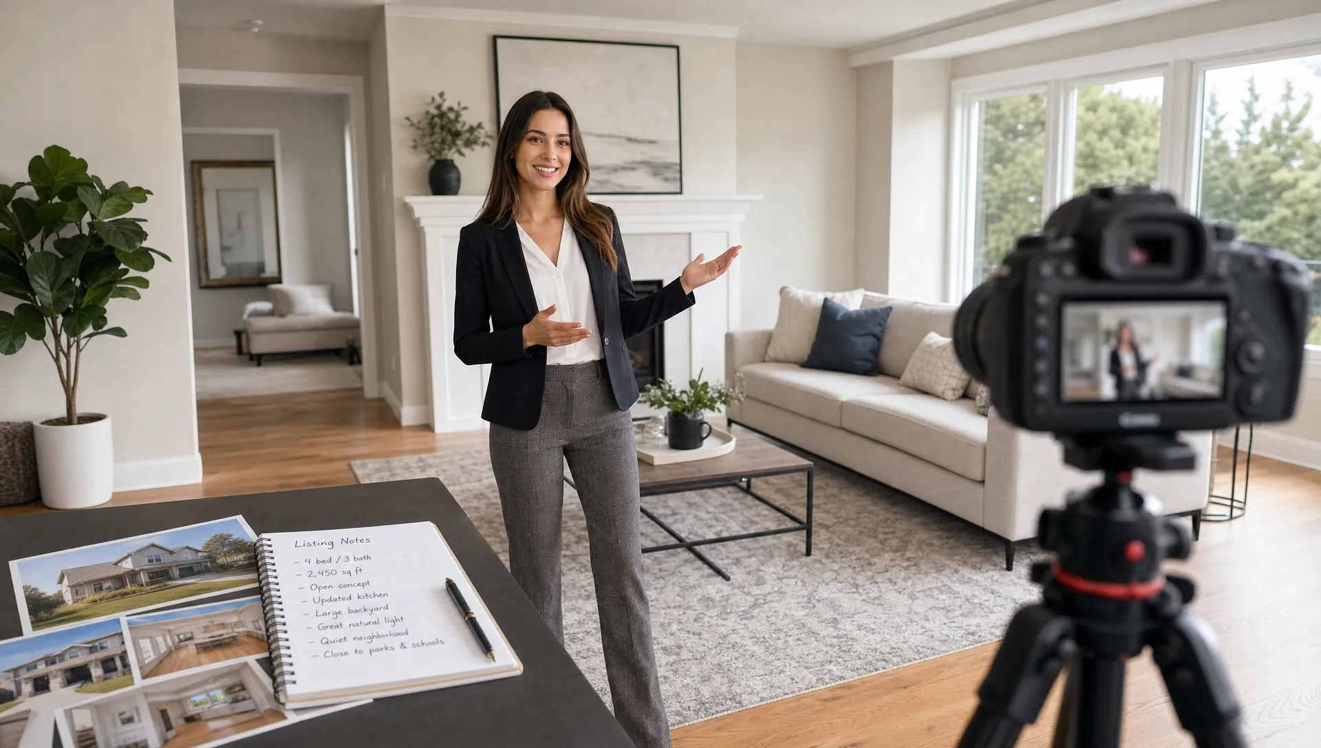 An agent records a property video in a bright living room with listing notes and property photos on a nearby table.