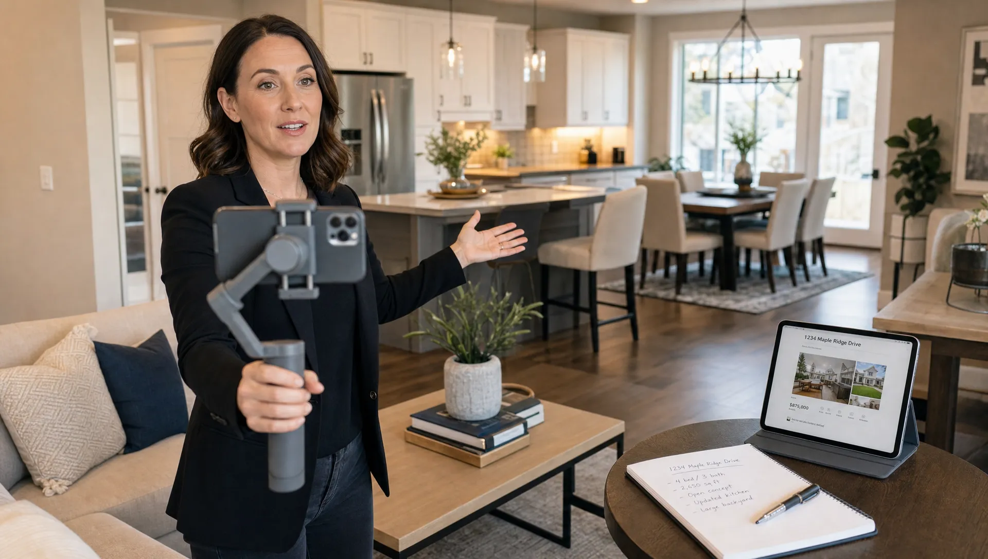 Landscape medium shot inside a staged living room where an agent films a property walkthrough on a phone rig while the open-plan kitchen and dining area recede behind, with a tablet and listing notes on a side table; the scene centers on a real listing-video capture moment.
