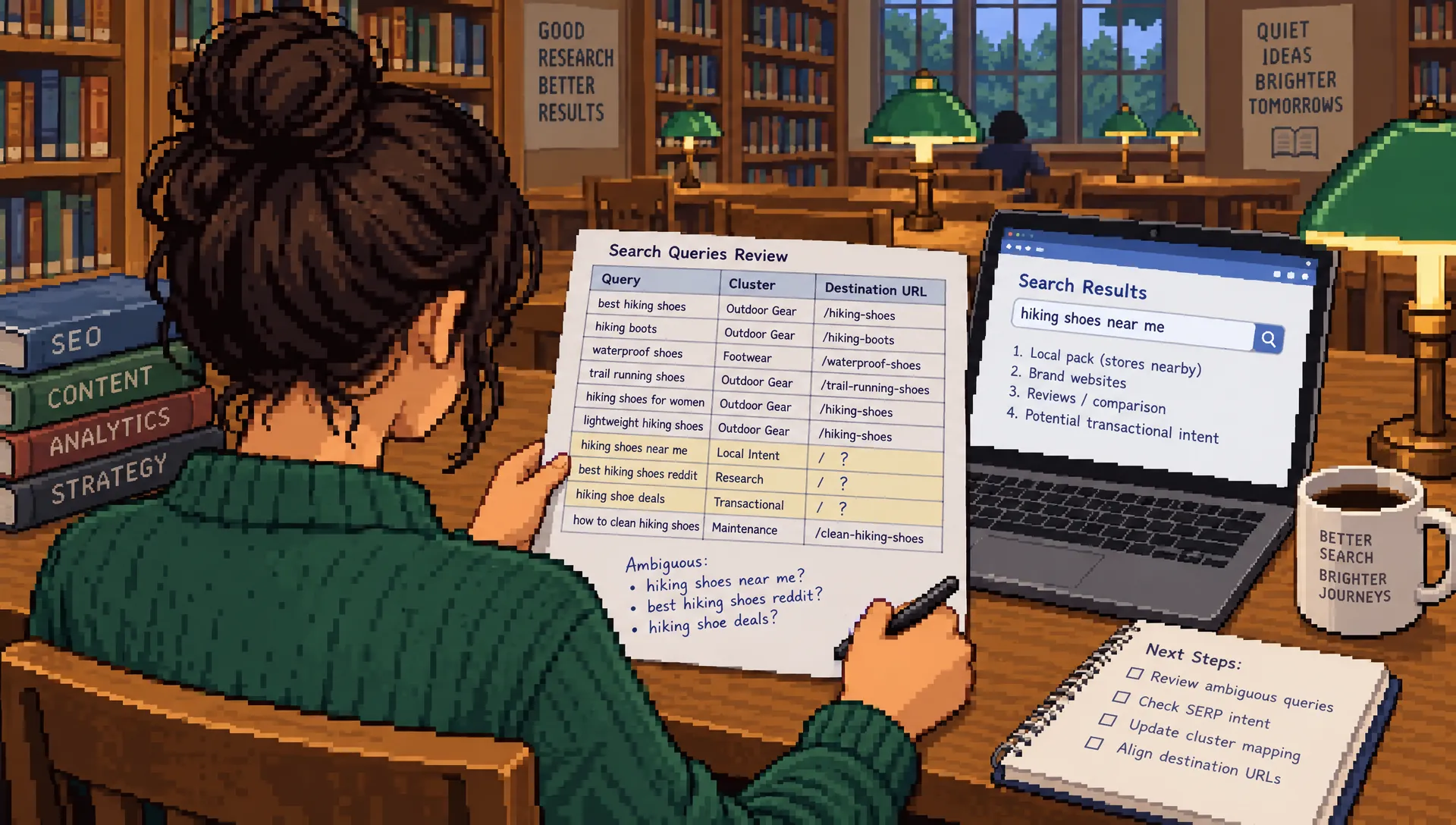A marketer checks an AI SEO keywords spreadsheet with cluster assignments and notes about ambiguous searches.
