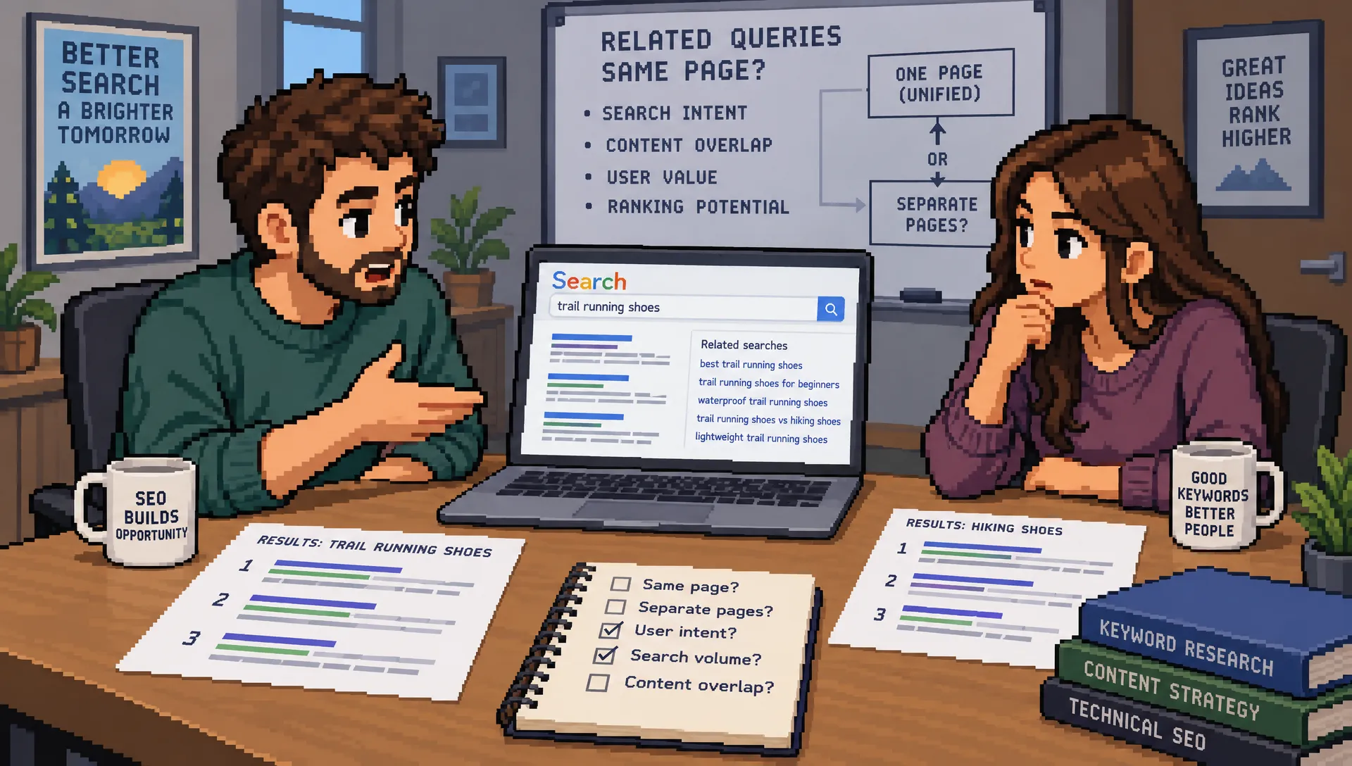 Two SEO colleagues compare search results and keyword queries while deciding which searches belong on one page.