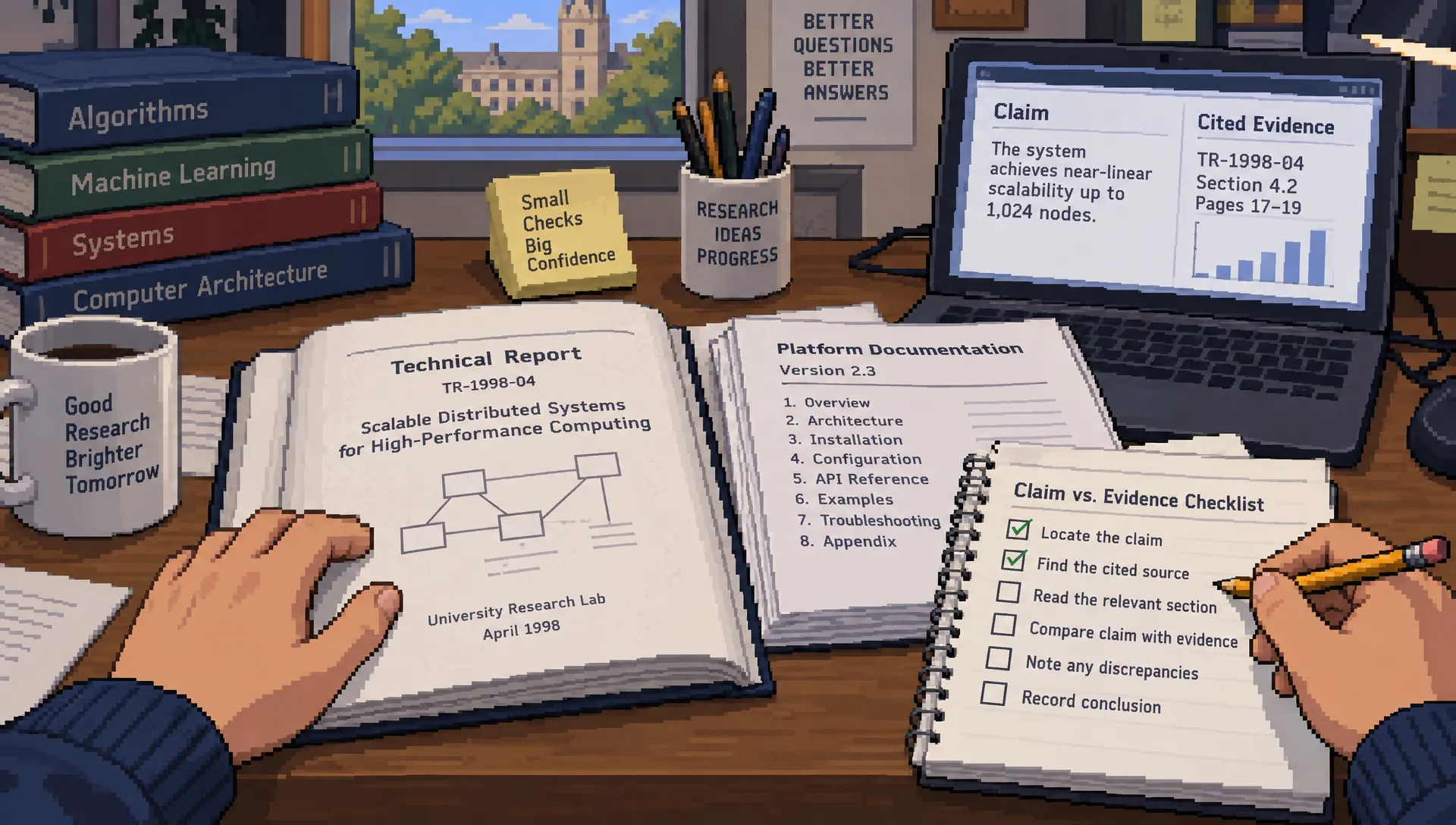 A researcher checks a dated technical report against platform documentation and a checklist while evaluating evidence for a generative AI search engine.