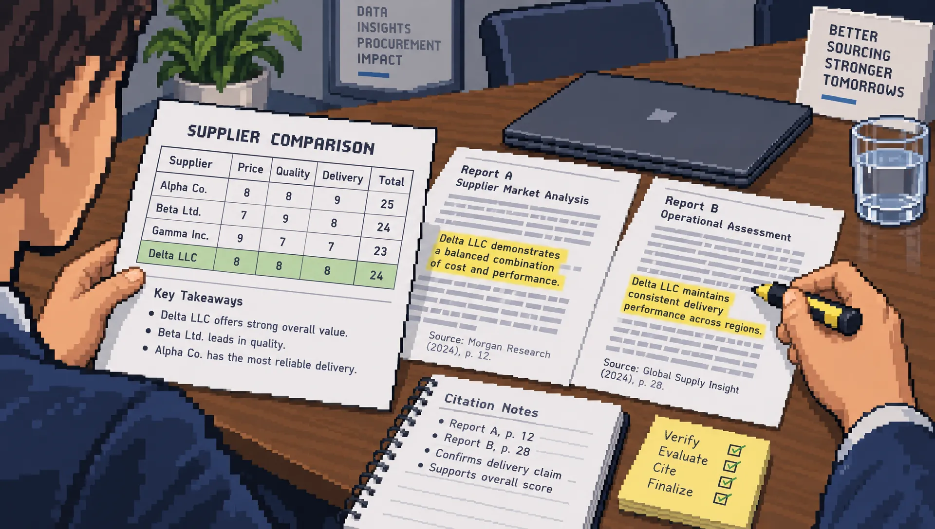 A researcher verifies supplier comparison claims against highlighted reports and a completed AI search engine scorecard.