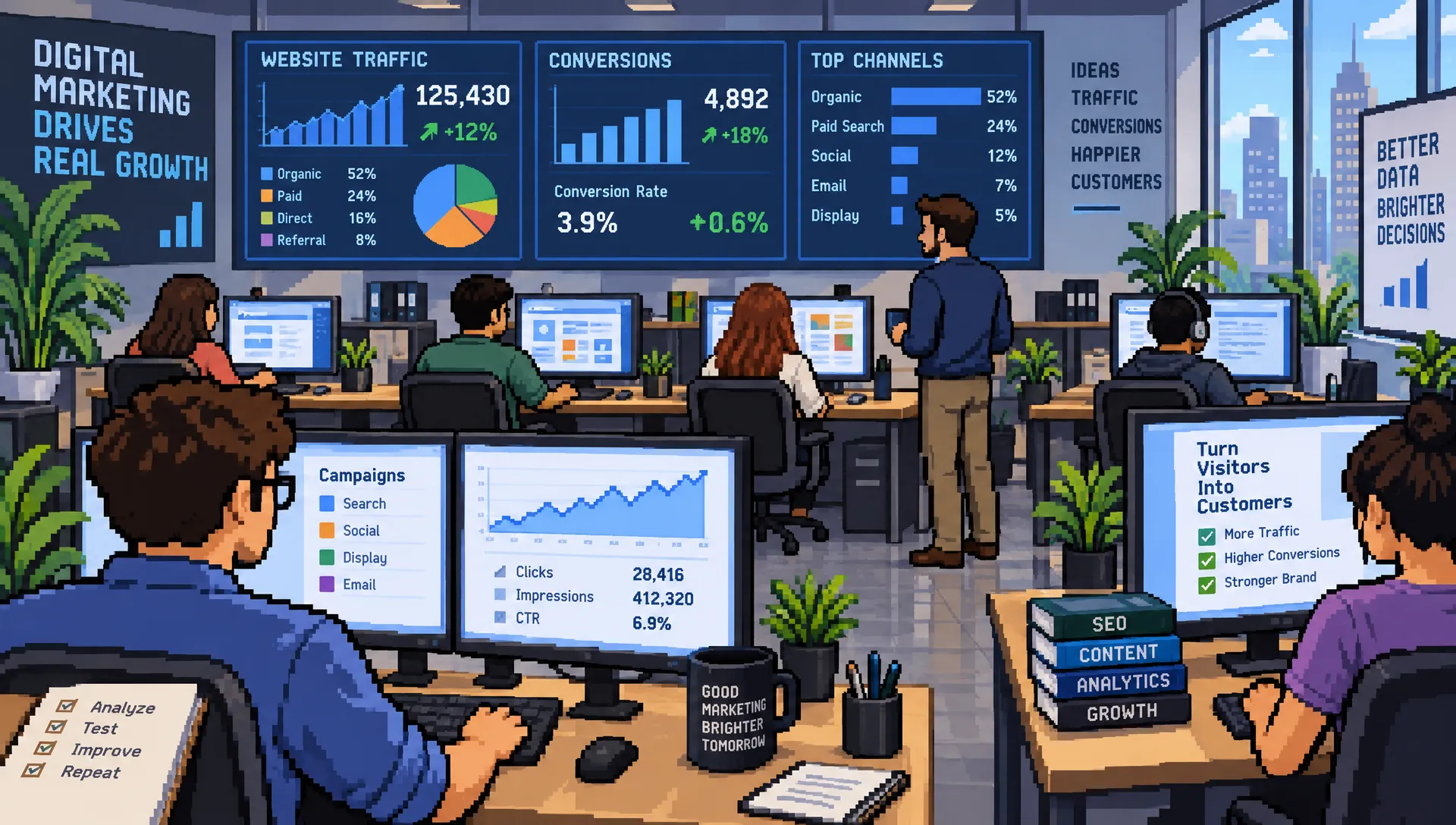 Marketing staff monitor traffic and conversion data across a shared analytics office.