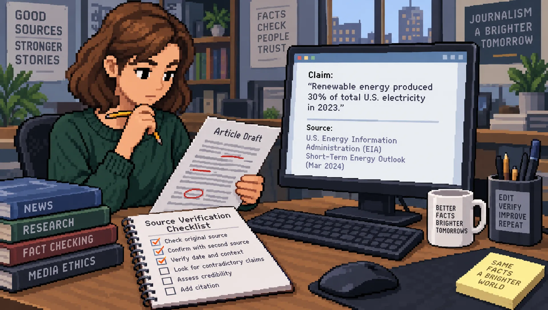 An editor checks a printed SEO article against a source checklist beside a document on a monitor.