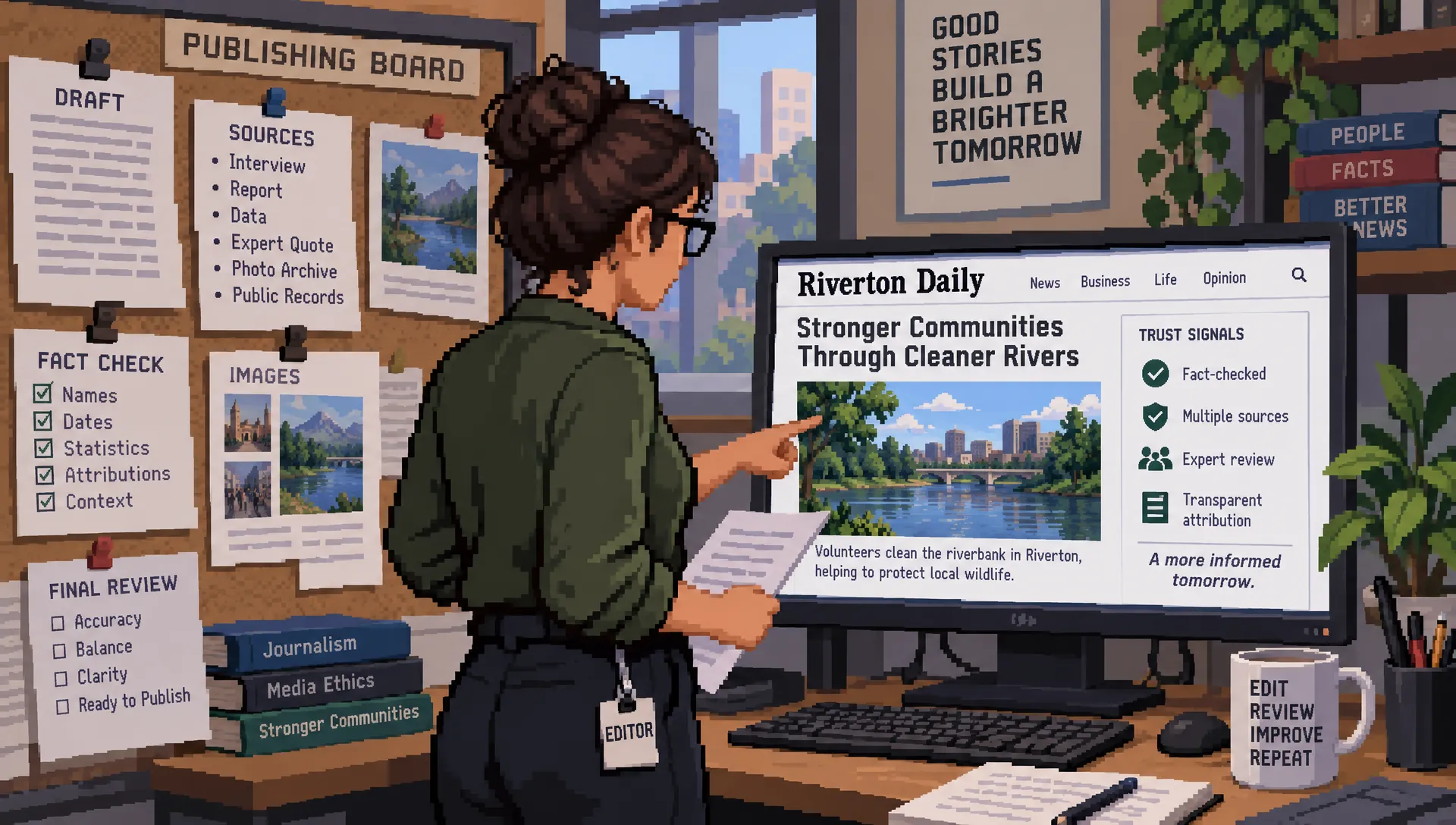 An editor checks an article preview and its supporting image against pinned source pages during an SEO AI content review.