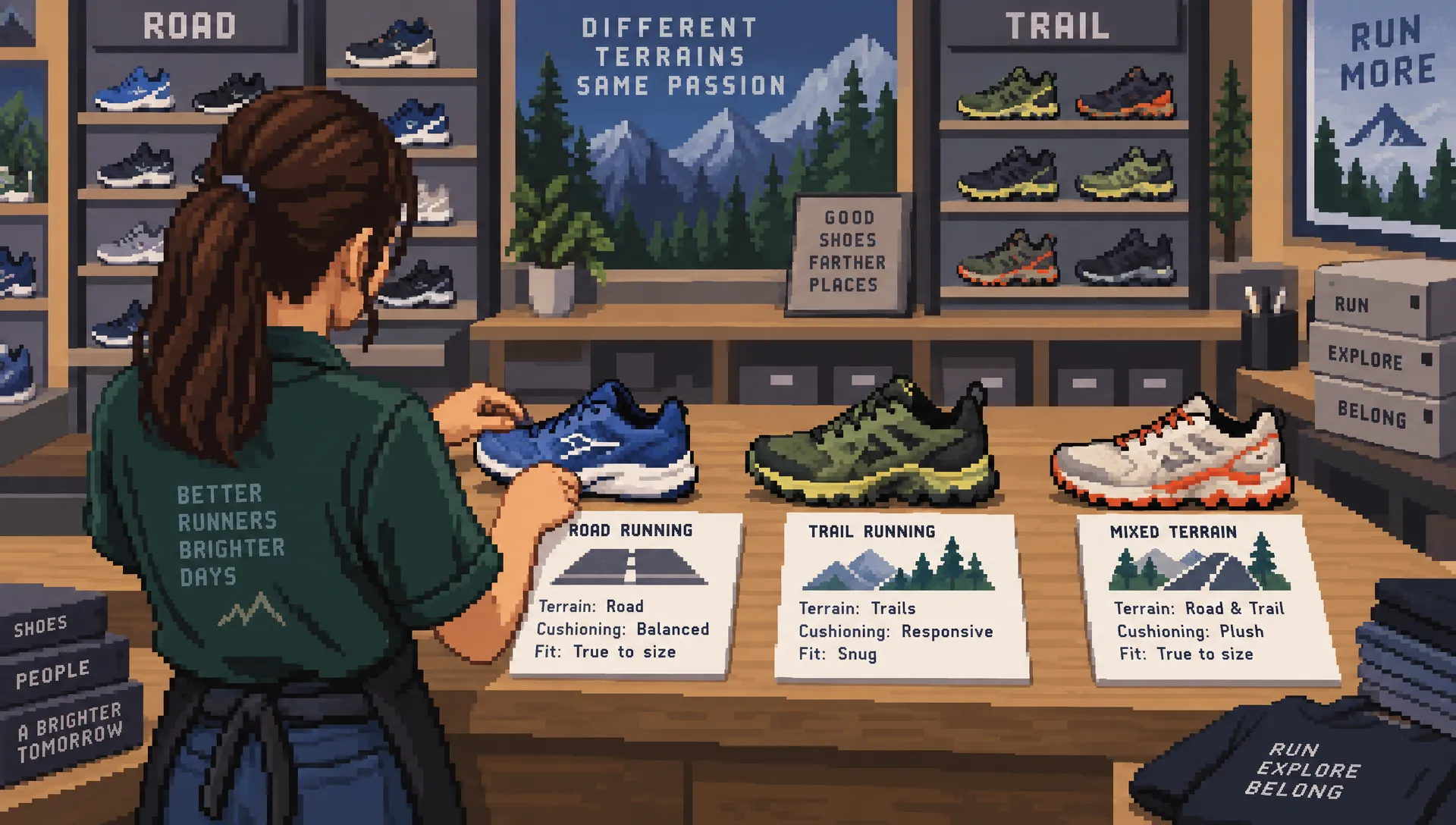 An ecommerce merchandiser compares road and trail shoes by terrain, cushioning, and fit while planning a running-shoe category for Google search optimization.