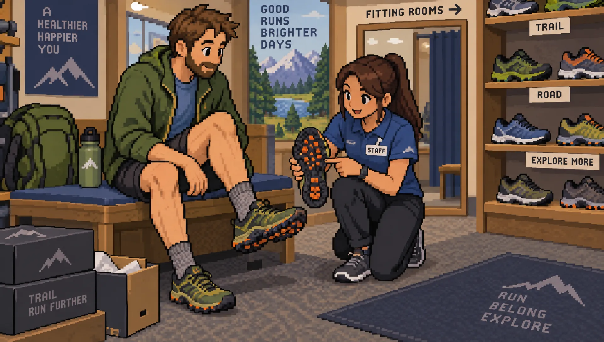 A shopper and store associate examine a trail shoe together while discussing fit and features.